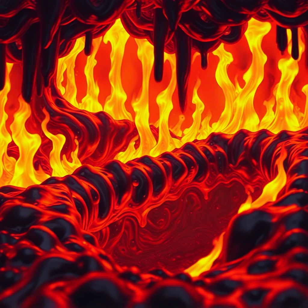 slime (substance), tentacles, mature male, black bukkake, solo, black cum, dripping, short hair, oil, scenery, no humans, fire, flames, blackfireslime, orange theme, red background, lava, slimebath, hot