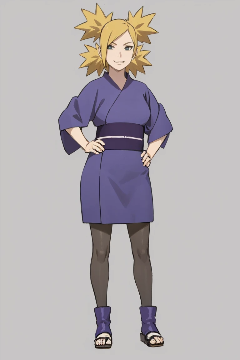 masterpiece, best quality,
1girl, temari, blonde hair, quad tails, blue eyes, japanese clothes, kimono, sash, pantyhose, toeless boots, toes,
hands on hips, smile, standing, full body, looking at viewer, solo, simple background, white background   <lora:TemariBoruto_byKonan:1>