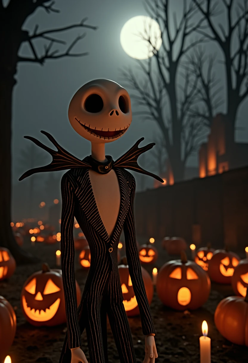 JS p3rs0n from The Nightmare Before Christmas bowing to the viewer, in a  eerie cemetary with pumpkins and candles, fog, moonlight, smile