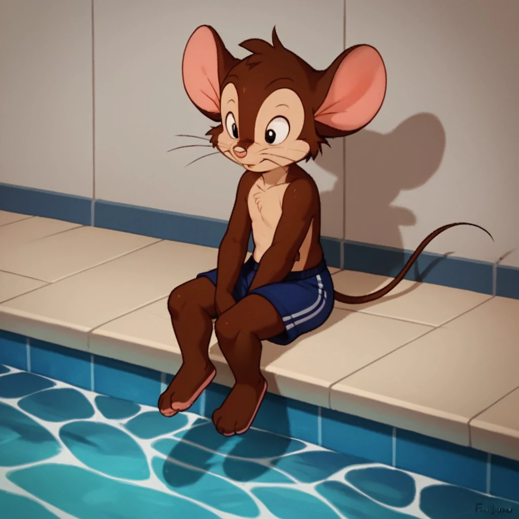 score_9, score_8_up, score_7_up, score_6_up, score_5_up, score_4_up, source_furry, Fievelfgw, young anthro, male, mouse, brown fur,  full body, one 1boy, solo,  barefoot, solo, swimming trunks, sitting by a pool, <lora:ce4aa880-b800-4ce3-824c-7c128e08729e:0.7>