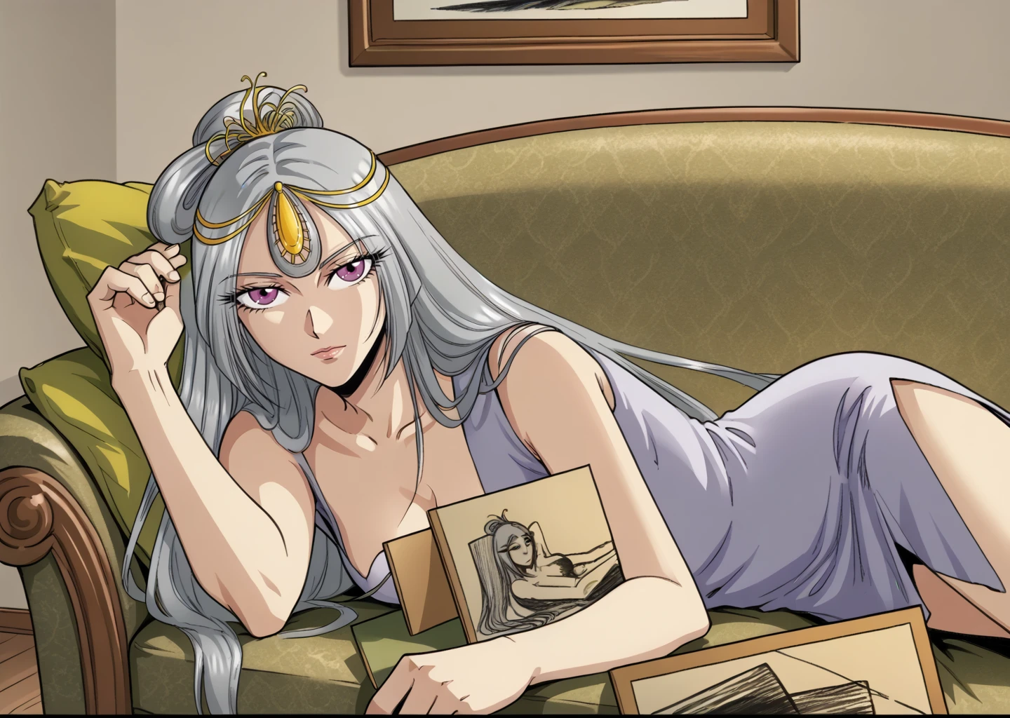 <lora:draw_me_french_girl_meme:1>,drawing,couch,modeling,lying on the sofa,looking at viewer,(bad painting:1),<lora:mohe3:1>,1girl,long hair,solo,grey hair,purple eyes,