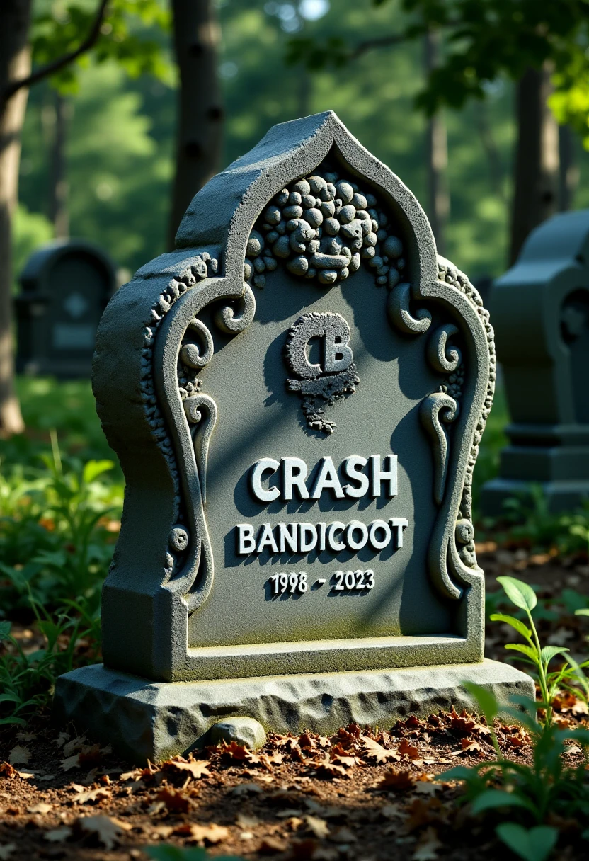 <lora:Gravestone_Engraver_FLUX-000015:1.0>
This is a photograph of a gravestone dedicated to "CB" in a cemetery setting, taken in a funny jungle environment. The gravestone is intricately carved in the appearance and features a modern design featuring Crash Bandicoot. The name "Crash Bandicoot" is engraved in a bold, Gothic-style font on the front of the stone, and the message "1996 - 2023" is inscribed beneath it.