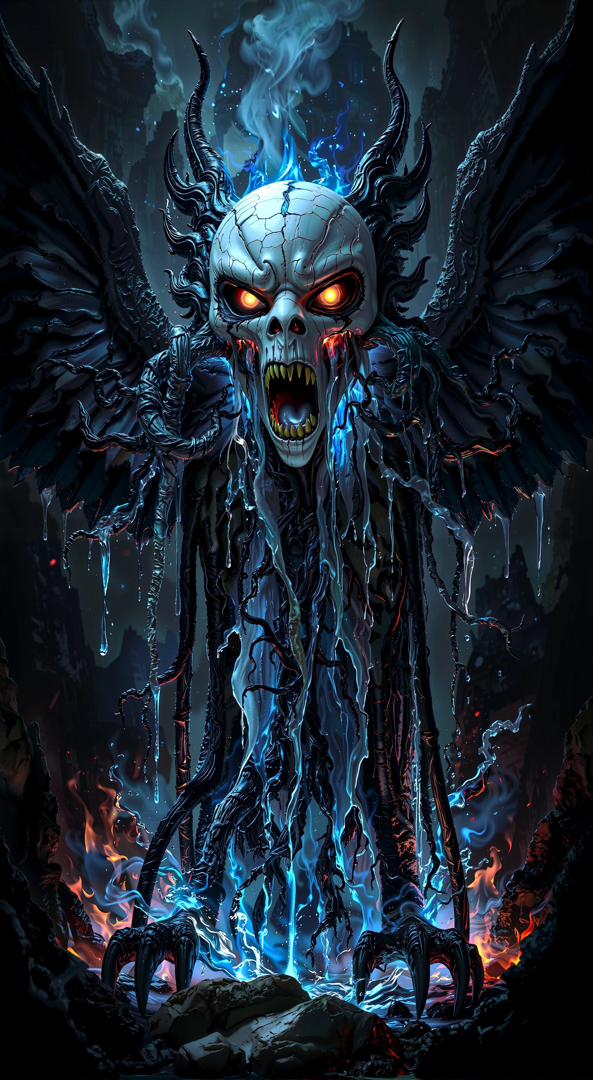 In a dark, gothic landscape, a Garuda-bodied figure with a grotesque Japanese ghost mask hovers in haunting silence. Streams of molten blue lava ooze from the cracks in the mask, flowing over the Garuda's outstretched wings and solidifying into glowing, crystalline forms that pulse with an eerie light. The Garuda's fierce eyes, filled with malevolent intensity, radiate a sinister glow as twisted roots burst from its eye sockets, twisting down like tendrils of ancient evil. Flames flicker menacingly around its talons, interwoven with icy water that freezes upon contact with the molten blue lava. The background features towering gothic spires and cursed symbols faintly illuminated by the flickering light. The entire scene is a blend of fiery intensity, chilling cold, and supernatural horror, amplifying the menacing aura of the Garuda in this unearthly, cursed realm. MSKLDJM
Lora: <lora:MaSk_DJM230x_FLUX-000001.safetensors:1.5:1.5>