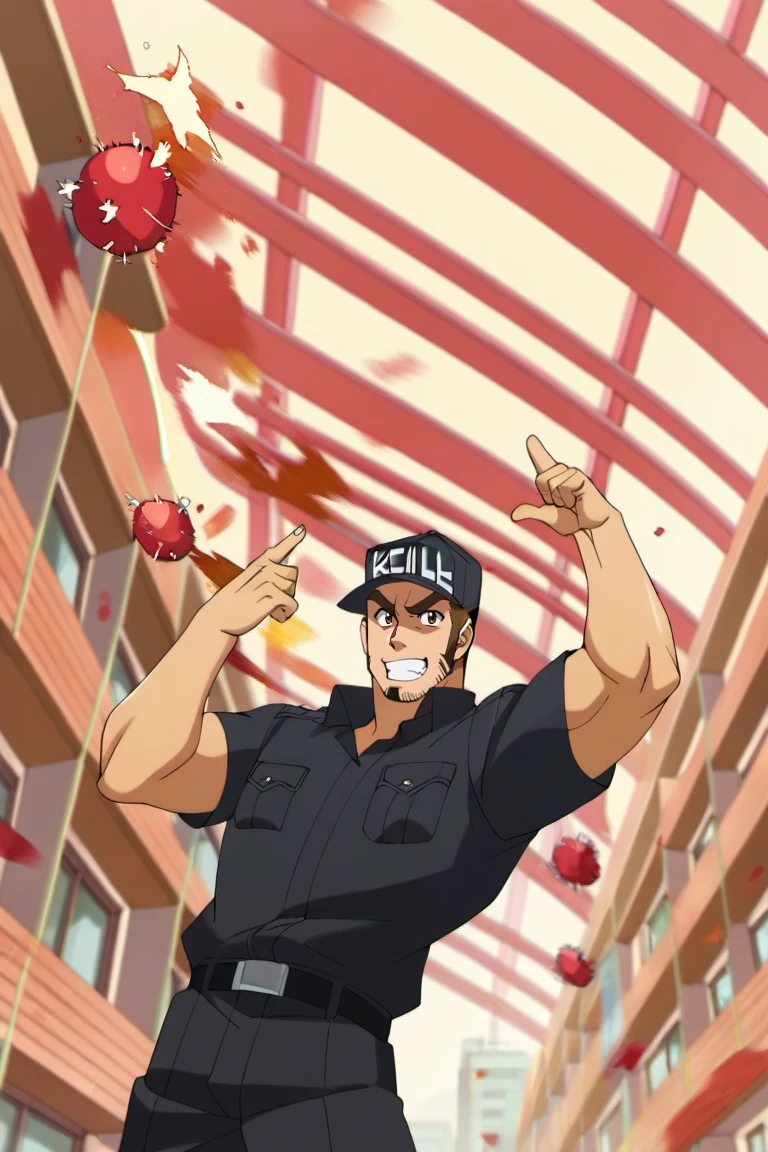 score_9, score_8_up, score_7_up, score_6_up, perfect anatomy, perfect proportions, best quality, masterpiece, high_resolution, high quality, best aesthetic, incredibly absurdres, highres, extremely detailed, huge filesize, mature, masculine, manly, virile, handsome, charming, alluring, bara, male focus, solo male, cowboy shot, dutch angle, source_anime \(Cells at Work! CODE BLACK\), anime coloring \Cells at Work! CODE BLACK\), Memory T Cell \(Cells at Work! CODE BLACK\), CaWBlMemoryTCell, brown hair, brown eyes, thick eyebrow, long sideburns, facial hair, stubble, CaWBKillerTCell_outfit, black cap, Killer T Cell cap \(Cells at Work\), Killer T Cell uniform \(Cells at Work\), black shirt, short sleeves, black pants. from below, low angle