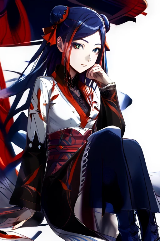 full body, sit, kakyouin, blue eyes, red eyeliner, blue hair, long hair, double bun, hair ribbon, kimono, lace-up boots, 