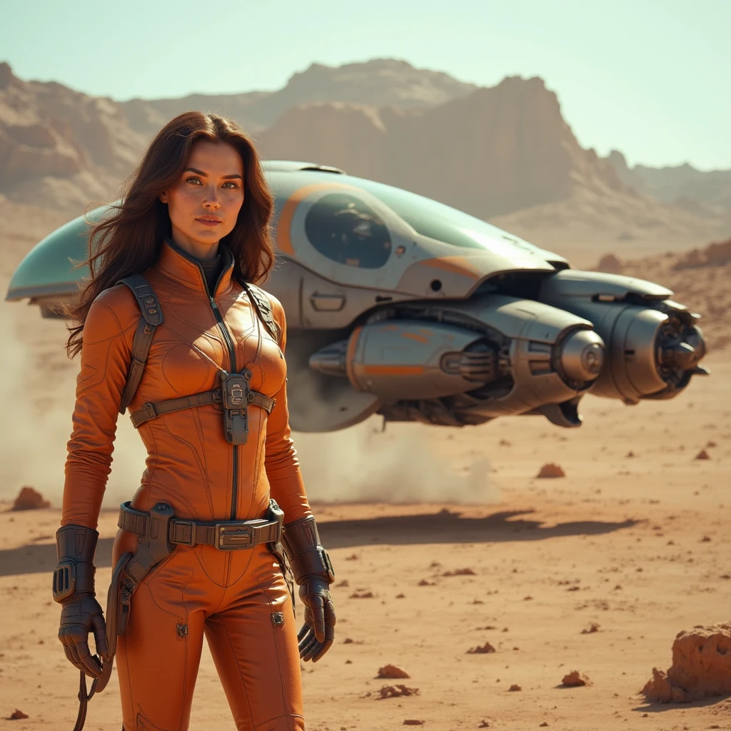 A beautiful woman with long hair stands on a desert planet. She is the pilot of the spacecraft behind her. Behind her there is a small single-seat spacecraft with sleek curves and large engines. It is clearly designed for maneuverability and speed. highly detailed sci-fi photograph.