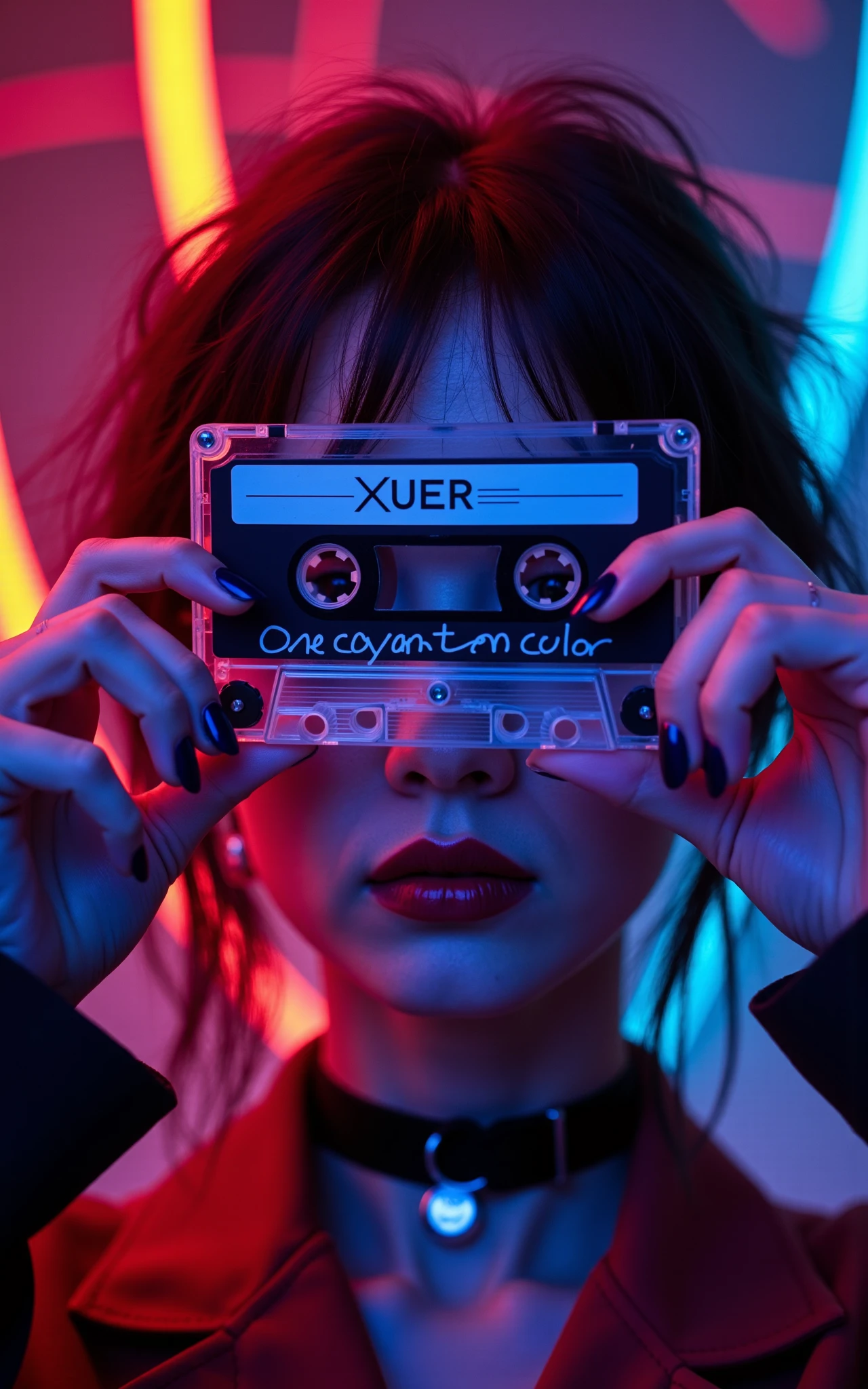 A close-up of a woman holding a transparent cassette tape in front of her face. The cassette is positioned perfectly in the center, directly in front of her eyes, obscuring her facial features. On The clear cassette was written The text: "XUER One cyan ten color" Her nails are painted dark blue, and she is gripping the edges of the cassette with both hands. The womanâs lips are painted dark, and she is wearing a black choker with a silver ring in the center. The lighting is vibrant and neon, casting shades of red, blue, and purple across her face, hands, and the cassette tape. The background is a mix of abstract neon lights, featuring bold and glowing red and blue lines, creating a dynamic, futuristic atmosphere.
highly detailed,ultra-high resolution,32K UHD,sharp focus,best-quality,masterpiece,unconventional supreme masterpiece,masterful details,depth of field,blurry background,blurry foreground,motion blur,going really fast masterpiece,deep focus,
color graded cinematic,atmospheric lighting,award film grain,A shot with tension,(Visual impact,giving the poster a dynamic and visually striking appearance:1.2),impactful picture,
ultra-realistic,high dynamic range,photoreal,epic realistic,dark shot,shadows,(This is a real high-definition photo:1.1),with professional photography and high resolution,
contrast,layered colors,vivid colors,contrast,offcial art, perspective,very aesthetic,disheveled hair,perfect composition,intricate details,moody,epic,photorealistic,
intricate details,soothing tones,high contrast,natural skin texture,soft light,sharp,masterpiece,best quality,(ray tracing),sunlight,insanely interplay between lights and shadows,