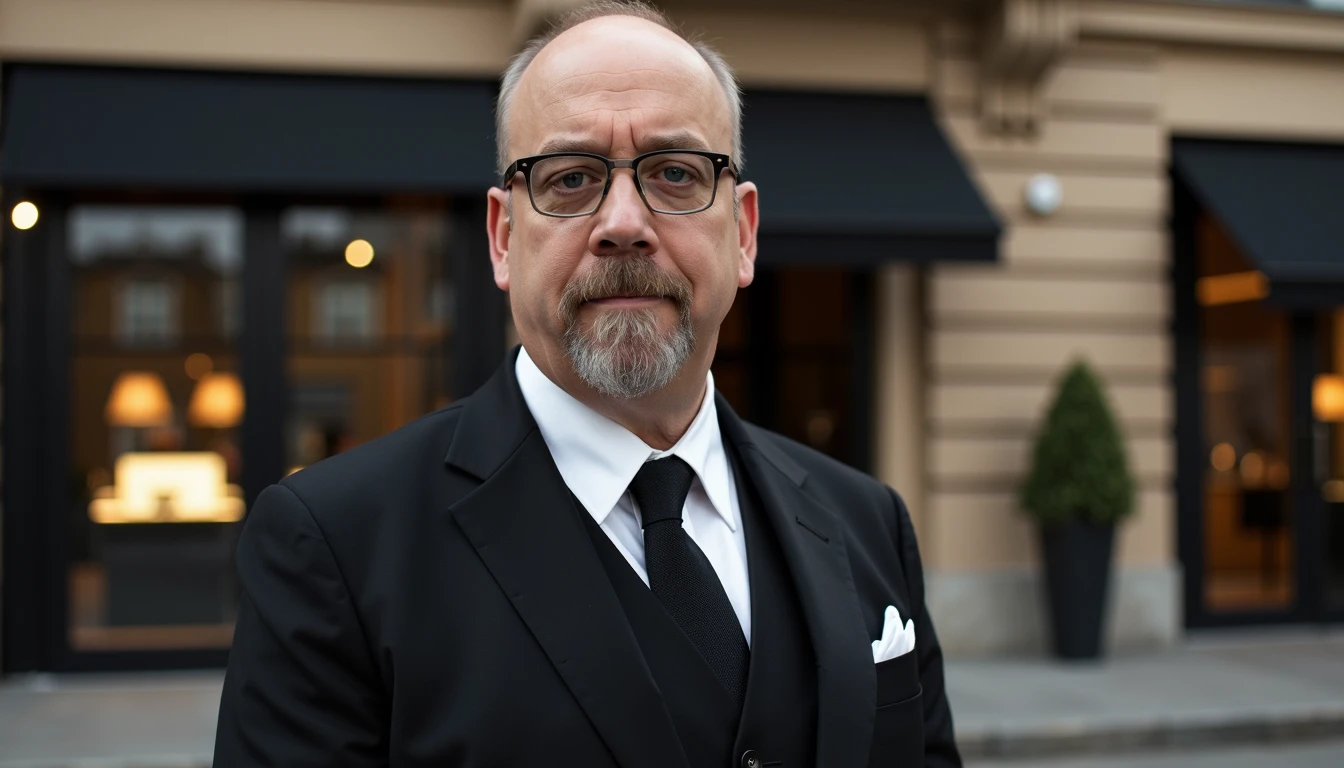 the actor Paul Giamatti dressed completely in black and white tie in front of the CivitAI headquarters