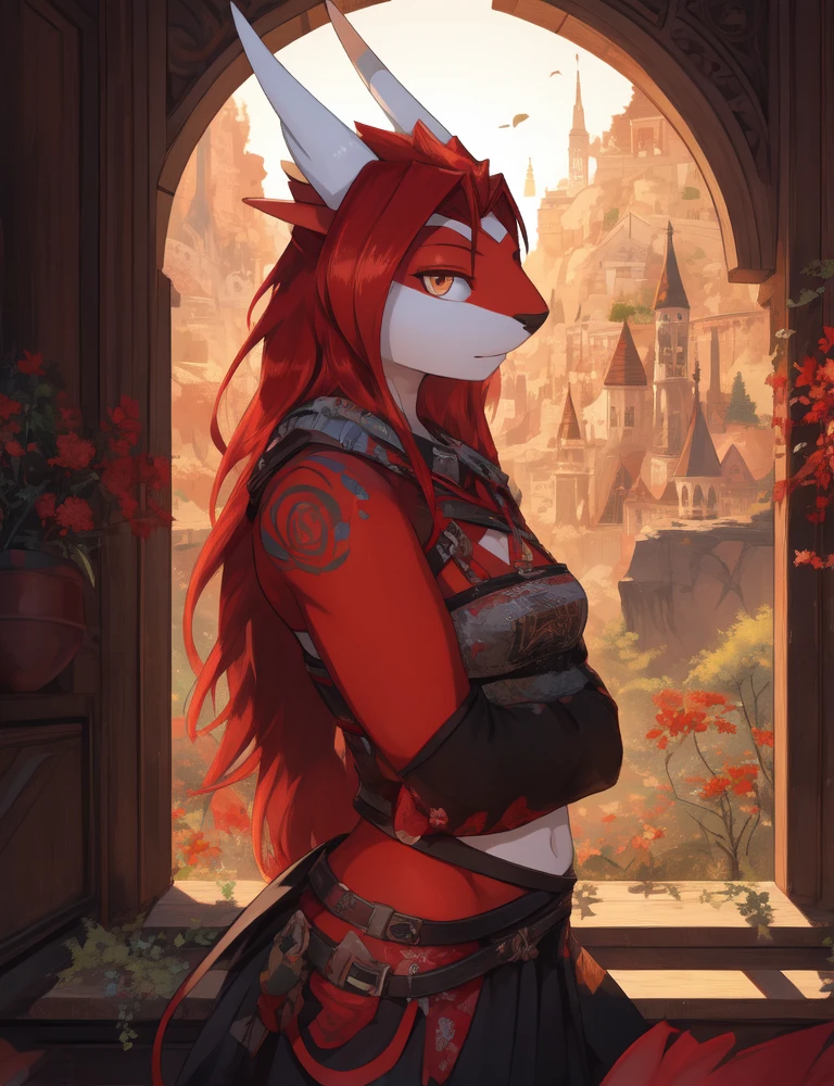 <lora:lewdtias-10:1> lewdtias, 1girl, solo,  long hair, red hair, furry, small breasts, colored skin, animal ears, horns,,  simple background,, masterpiece, best quality, detailed shading, detailed ambient light, detailed background, masterpiece,