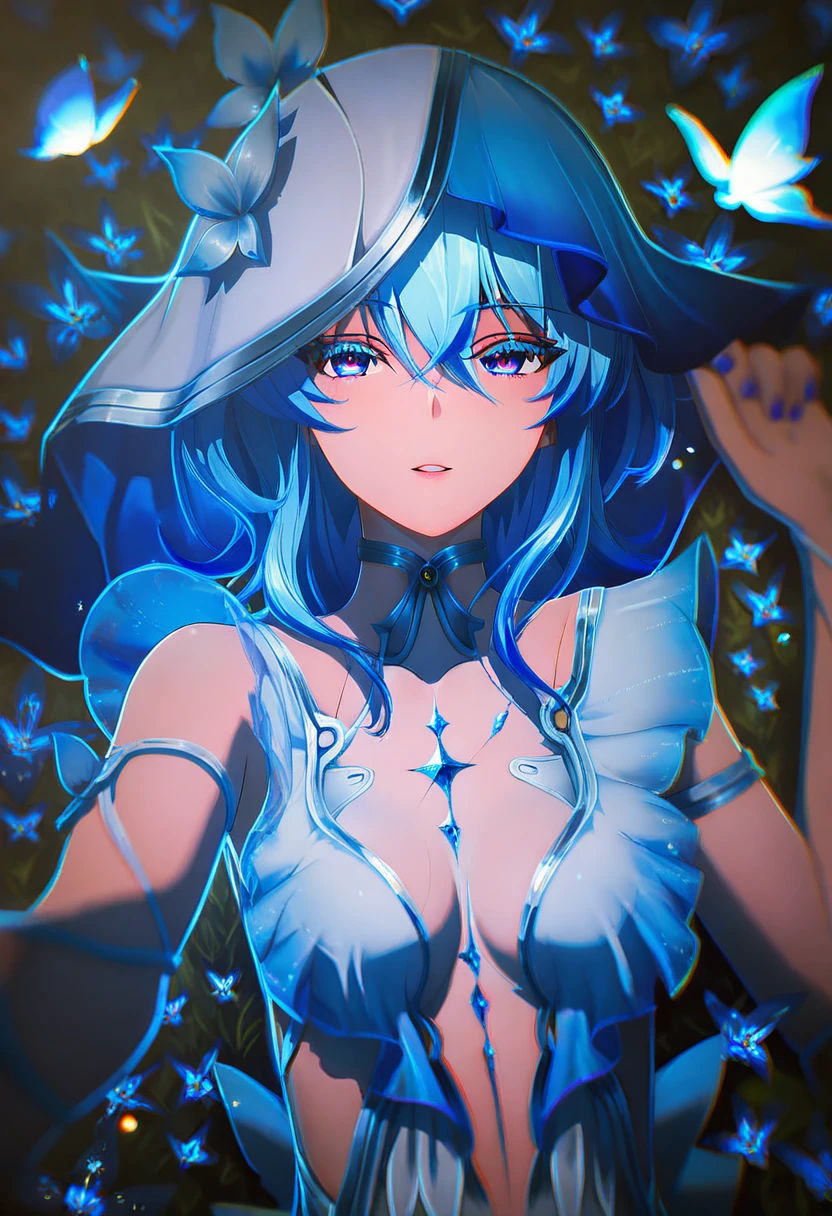 score_9, score_8_up, score_7_up, wuwax quality,
shorx1, 1girl,  aqua hair, gradient eyes,outfit_1, keepx1_dress, echo1_veil, calm expression, breasts, looking at viewer, purple nails, close-up, lying, upper body, on back, top-down angle, depth of field, dutch angle, chromatic aberration, floating butterfly, arm behind head, reaching towards viewer, outstretched arm, mystical floral field, dark atmosphere
 <lora:shorekeeper:0.8>