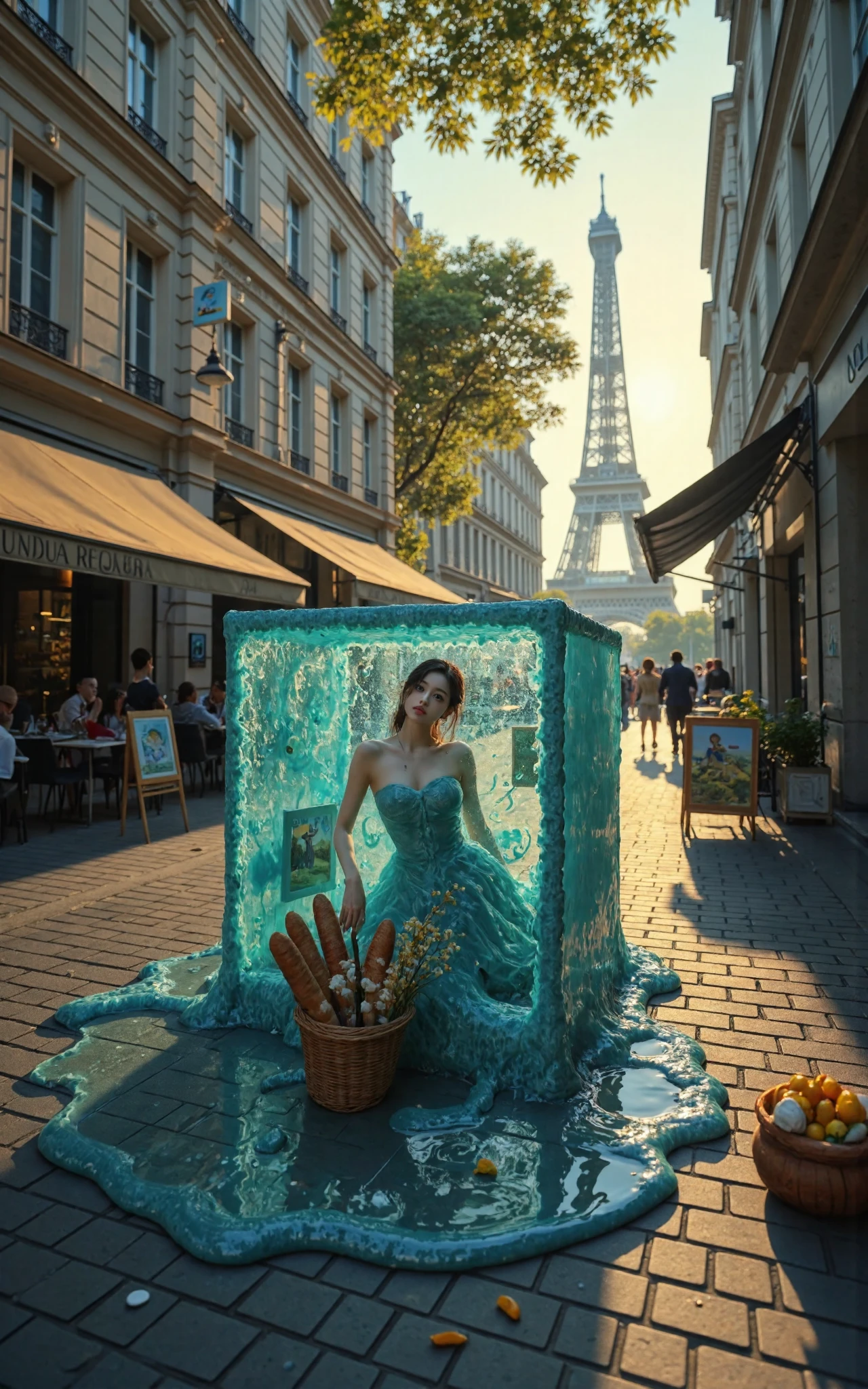 famous artwork, atmospheric and detailed impressionist painting of a large translucent cyan gelatinous cube in the heart of paris, its shimmering gooey surface softly reflecting the colors of the city, the cube is oozy and shifting as it curiously explores the cobblestone streets of the big city, it has engulfed several objects like paintings, a basket with baguettes, and a vase with wildflowers, all of which can be seen floating and slowly dissolving in its acidic gel, creating tiny bubbles around them, iconic parisian buildings like cafés and art galleries line the streets around the cube, a soft golden sunlight filters through the trees, casting dappled light on the scene, the distant eiffel tower looms gently in the background, blending into the hazy impressionist style, the atmosphere is dreamy and whimsical, with soft brushstrokes capturing the fluid movement of the cube and the vibrant energy of the city, highly detailed background,
XUER INS style,1girl,solo,looking at viewer,extremely beautiful skin,natural skin texture,big breasts,earrings,
highly detailed,ultra-high resolution,32K UHD,sharp focus,best-quality,masterpiece,unconventional supreme masterpiece,masterful details,depth of field,blurry background,blurry foreground,motion blur,going really fast masterpiece,deep focus,
color graded cinematic,atmospheric lighting,award film grain,A shot with tension,(Visual impact,giving the poster a dynamic and visually striking appearance:1.2),impactful picture,
ultra-realistic,high dynamic range,photoreal,epic realistic,dark shot,shadows,(This is a real high-definition photo:1.1),with professional photography and high resolution,
contrast,layered colors,vivid colors,contrast,offcial art, perspective,very aesthetic,disheveled hair,perfect composition,intricate details,moody,epic,photorealistic,
intricate details,soothing tones,high contrast,natural skin texture,soft light,sharp,masterpiece,best quality,(ray tracing),sunlight,insanely interplay between lights and shadows,