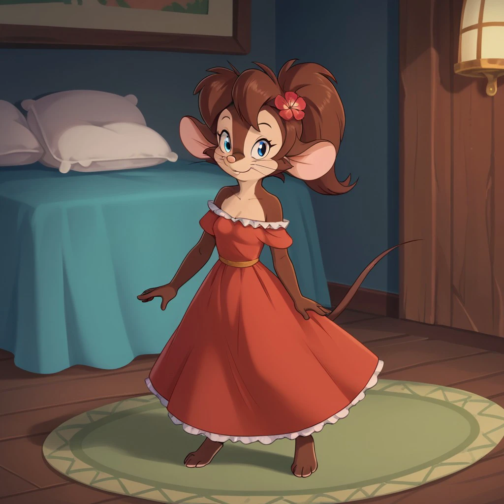 score_9, score_8_up, score_7_up, score_6_up, score_5_up, score_4_up, source_furry, tanyafgw, young anthro, female, mouse, brown fur, brown hair, ponytail,  full body, one 1girl, solo,  barefoot, hair ornament, hair flower, dress, bare shoulders, red dress,  smile, off shoulder, small breasts, red flower,  frills, closed mouth, inside, <lora:c76b4841-2a5d-484b-91cc-81ff17d7ae4b:0.7>