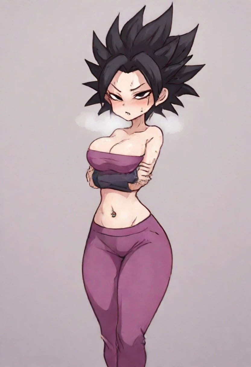 1girl, caulifla, spiked hair, black hair, black eyes, hyper breasts, large breasts, long eyelashes,tube top, purple pants solo, sweat,  namek background,cinematic lighting, masterpiece, best quality,  breasts, ,  half-closed eyes, pursed lips, blush, wide hips, breath, look  at viewer, navel piercing, questionable,   textured skin,   Arms crossed, arms under breasts,breasts squeeze together,round breasts, breasts together, cleavage,contrapposto, large areolae,Loon3yjams,neghands, detailed hair, perfect face, Daltair Style,detailxl,