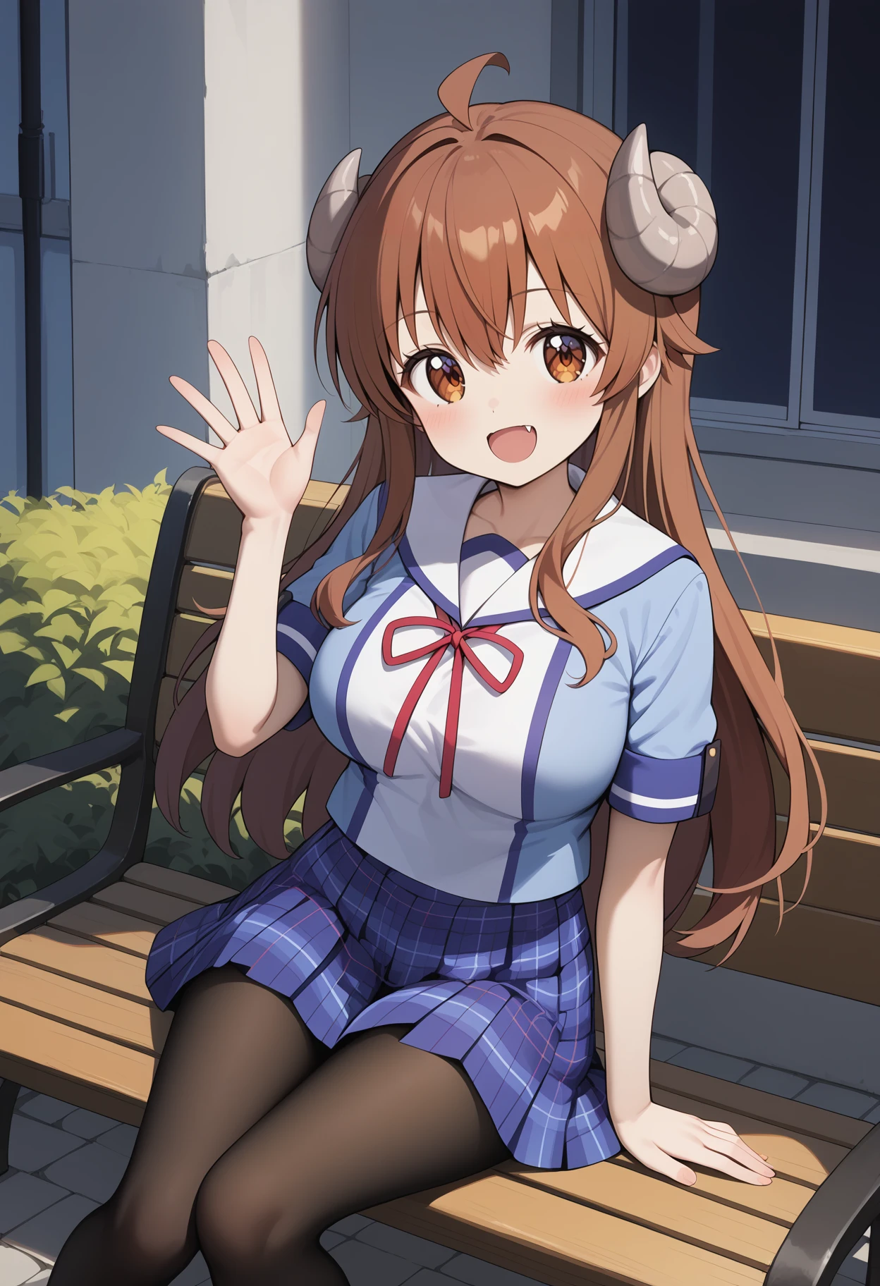 score_9, score_8_up, score_7_up, score_6_up, score_5_up, score_4_up, source_anime, aayuuko, long hair, brown hair, ahoge, horns, brown eyes, fang, large breasts, school uniform, white sailor collar, neck ribbon, blue shirt, short sleeves, plaid skirt, blue skirt, black pantyhose, <lora:yoshida_yuuko_ponyxl_v1:0.9>, sitting, bench, waving, outdoors,