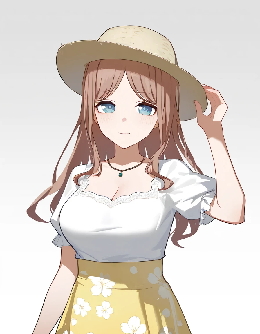 nagasaki soyo, 1girl, solo, <lora:nagasaki_soyo_IlluXL:1>, puffy short sleeves, floral print skirt, white shirt, cleavage, necklace, light yellow skirt, light smile, large breasts, arm at side, light blush, looking at viewer, gradient background, grey background, standing, sun hat, frills,, best quality,masterpiece,highres,[[[tianliang_duohe_fangdongye,[ningen_mame,ciloranko,[sushineko8]]]]]