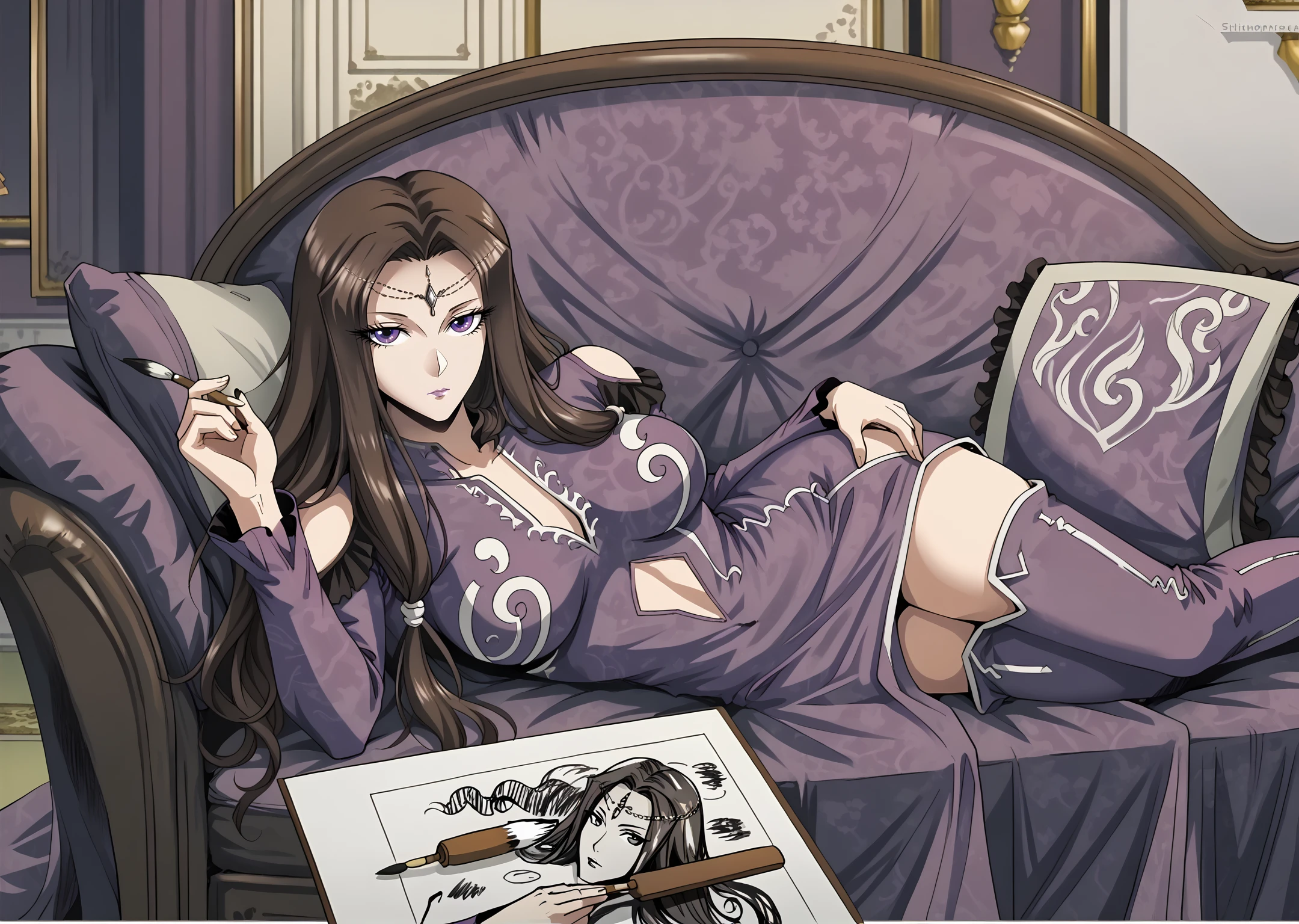 <lora:sihuang:1.1>,sihuang,solo,clothing cutout,circlet,white thighhighs,Purple thigh boots,large breasts,dress,purple dress,<lora:draw_me_french_girl_meme:1>,drawing,couch,modeling, lying on the sofa,looking at viewer,(bad painting:1),holding paintbrush,