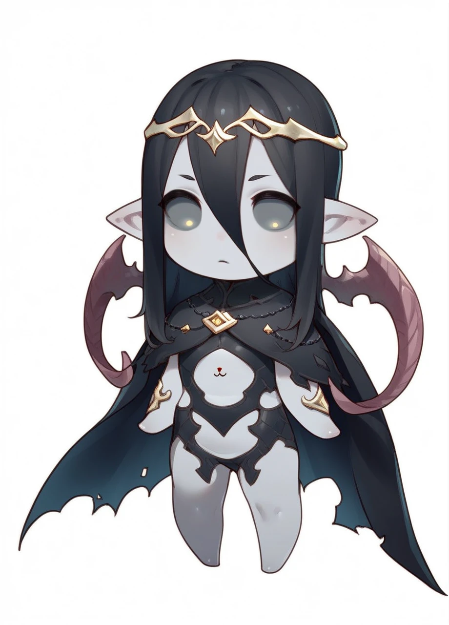 <lora:FF_Succubus-PONY:1> halicarnassus, demon girl, pointy ears, grey skin, colored sclera, no pupils, black hair, long hair, circlet, long horns, hair between the eyes, cape, solo, chibi, doll, full body, white background, score_8_up, score_7_up, score_6_up, score_5_up, score_4_up,