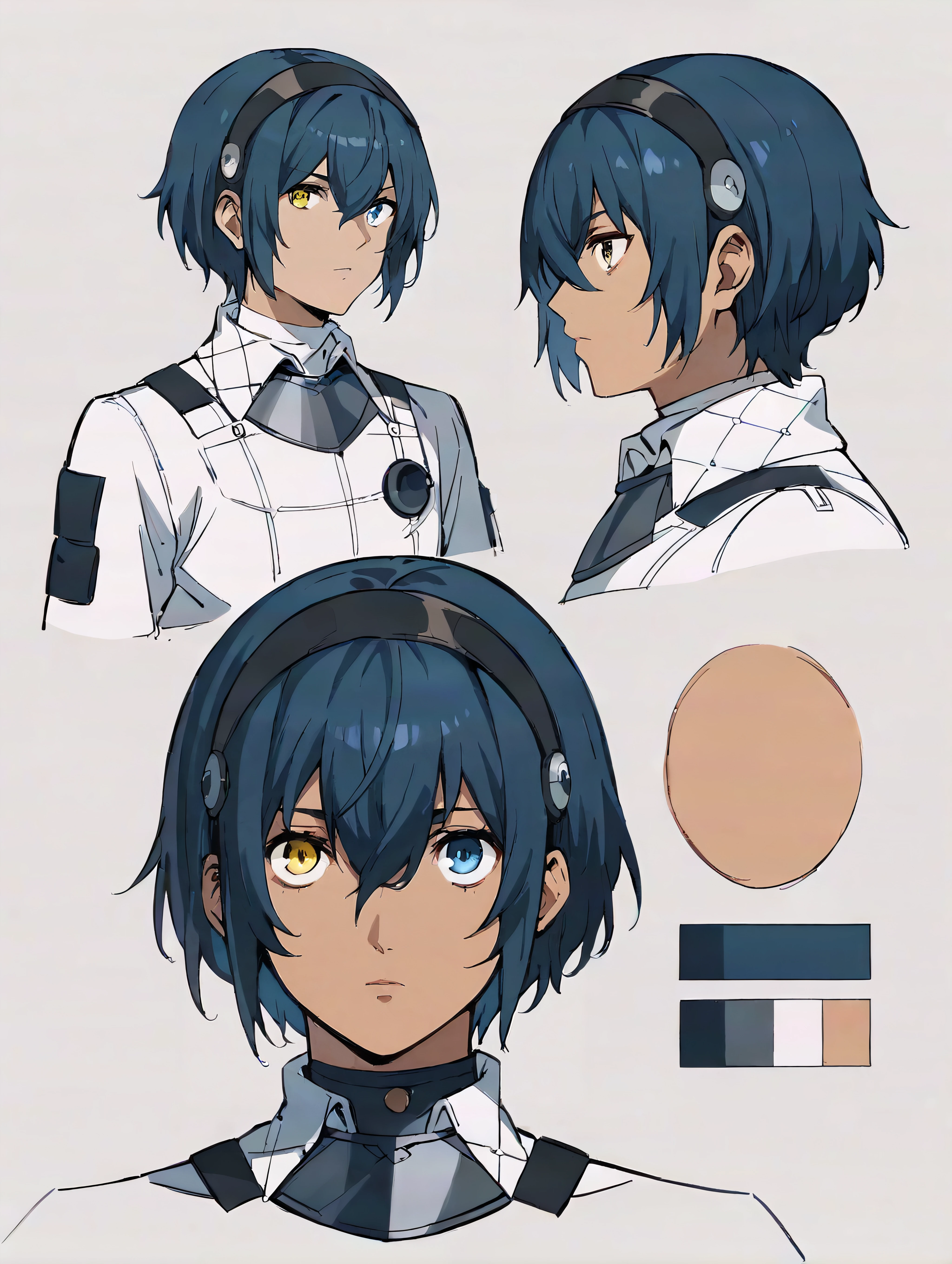 score_9, score_8_up, score_7_up, score_6_up, score_5_up, score_4_up, rating_explicit, BREAK solo, willmetaphor, 1boy, tan, heterochromia, yellow eyes, blue eyes, blue hair, bob cut, hair between eyes, sidelocks, short hair, black hairband, white shirt, <lora:Will_Metaphor_ReFantazio_PDXL:1.0>, concept art, reference sheet, multiple views, simple background