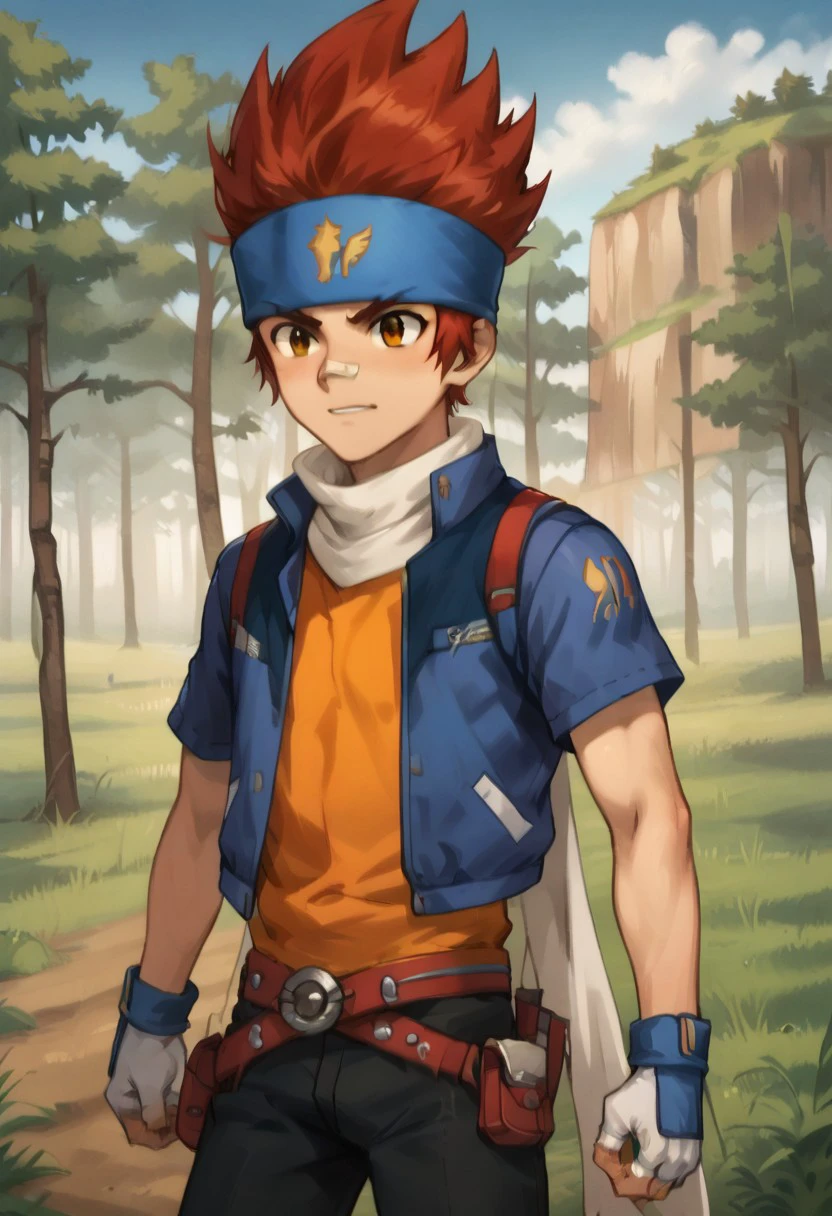 Score_9_up, score_8_up, score_7_up, BREAK, high quality, 1boy, gingkabbmf, red hair, spiked hair, bandaid on nose, headband, blue jacket, scarf, orange shirt, belt, fingerless gloves, dynamic pose, grassfield, trees,