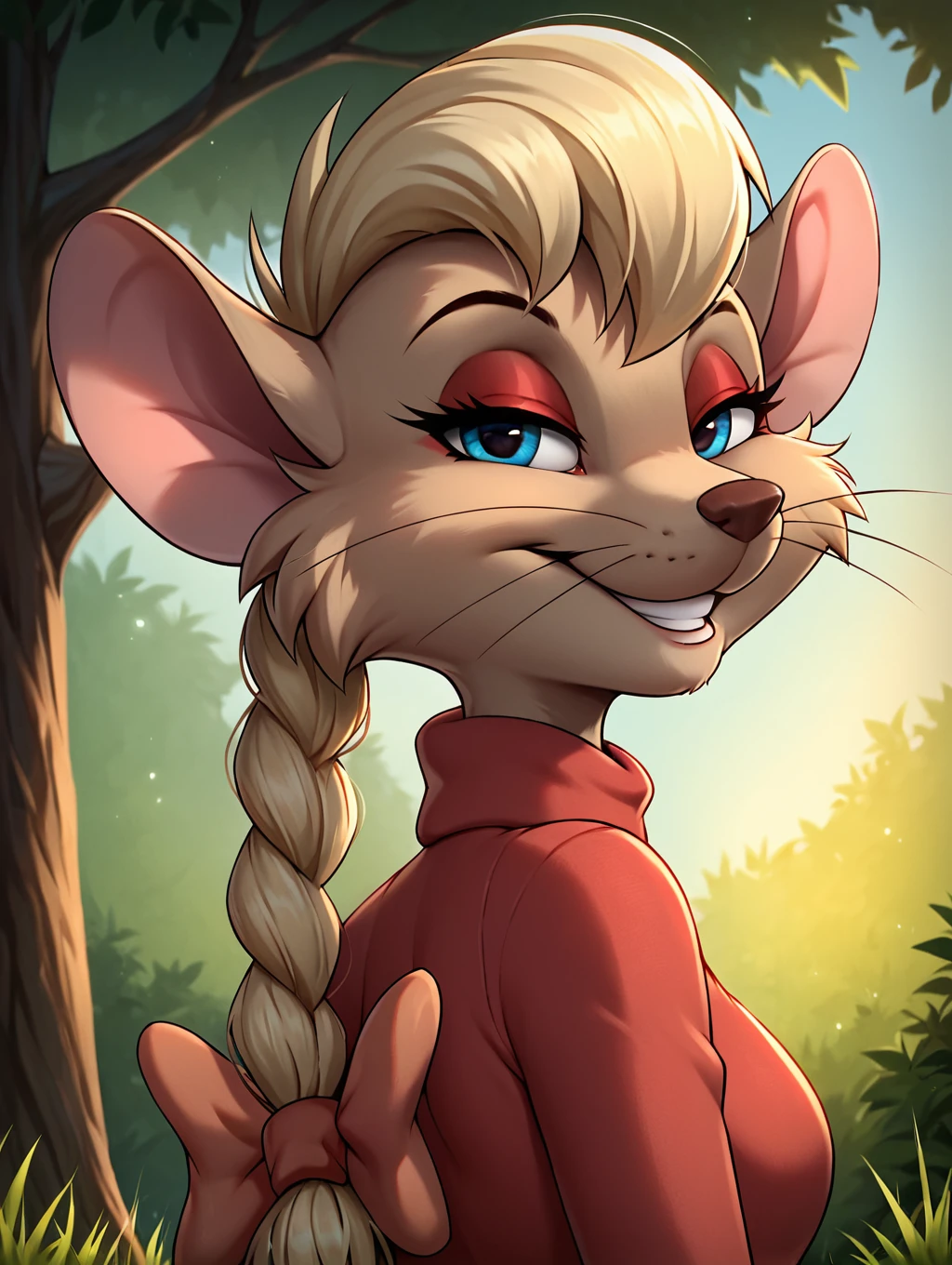 score_9, score_8_up, score_7_up, ultra high quality,ultra high resolution,ultra ,full body, seductive,  detailed background,forest background,standing,trees,grassy path,high detailed face,seductive smile,half-closed eyes,<lora:Jenny_Mcbride_from_Nimh_2:0.86> jenny_mcbride, mouse, mouse girl, blonde hair, braided ponytail, turtleneck sweater, long eyelashes, red sweater, light brown fur, blue eyes, whiskers  ,solo,single,1girl,seductive smile,looking at viewer,slightly parted lips, ,teeth,perfect mouth,flirting,flirting with viewer,blue eyes,hips crooked,large hair ribbon,medium breasts,looking back,from behind,leaning against tree,upper body,red ribbon,large ribbon,red eyeshadow,