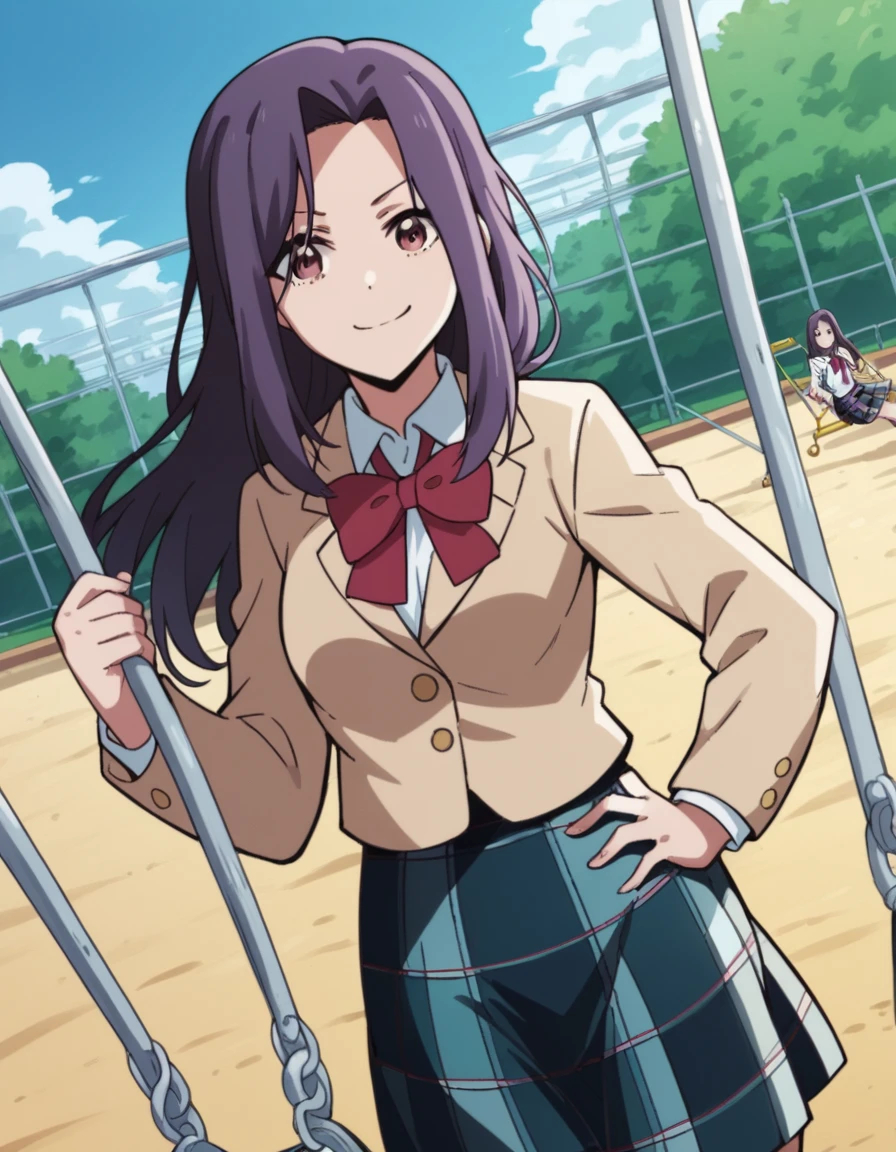 score_9, score_8_up, score_7_up, source_anime, <lora:erena-fujisawa-s1-ponyxl-lora-nochekaiser:1>, erena fujisawa, long hair, black hair, brown eyes, purple hair, parted bangs, sidelocks, medium breasts,, skirt, school uniform, jacket, pleated skirt, bowtie, red bow, plaid, plaid skirt, blazer,, public park, playground, swing set, laughter, sunny day, , looking at viewer, smug, hand on hips,, solo,, dutch angle, cowboy shot