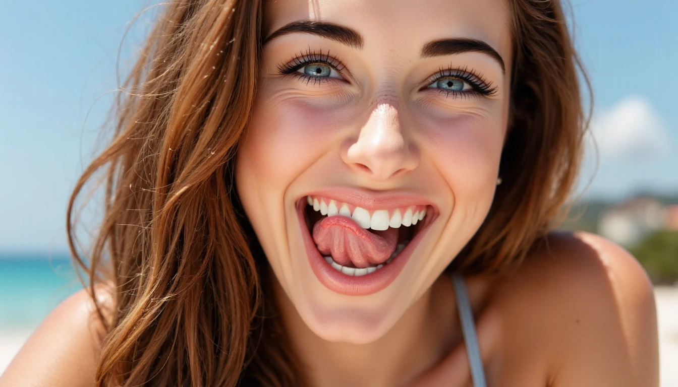 extreme closeup on the face of a sexy woman, sxxxymouth, tongue on her right upper lip, saliva, seductive smile, open mouth, lidded eyes, blue eyes,auburn flowing hair, lying on her stomach on beach towel, wearing deep plunge swimsuit, cleavage, tropical beach, flirting with the viewer. cool color grading. 