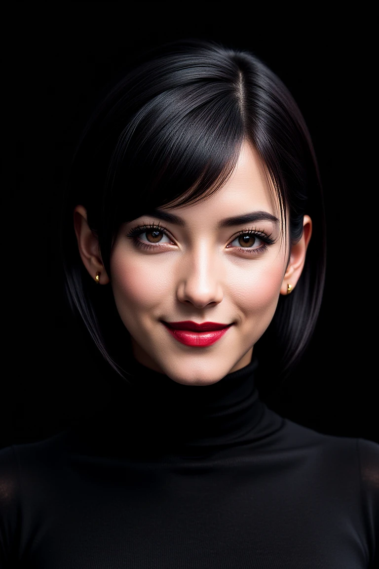 close-up portrait of a woman, indoor setting with professional lighting.

sleek black hair, styled in a smooth bun, flawless makeup with bold red lips, subtle highlighter, perfectly defined brows.

wearing a stylish black turtleneck, minimal gold earrings, sharp and chic.

gazing confidently into the camera, soft smile, dramatic light and shadow highlighting her cheekbones and jawline, set against a dark, blurred studio backdrop.

high contrast, sharp focus, elegant, sophisticated, fashion-forward, magazine cover quality.