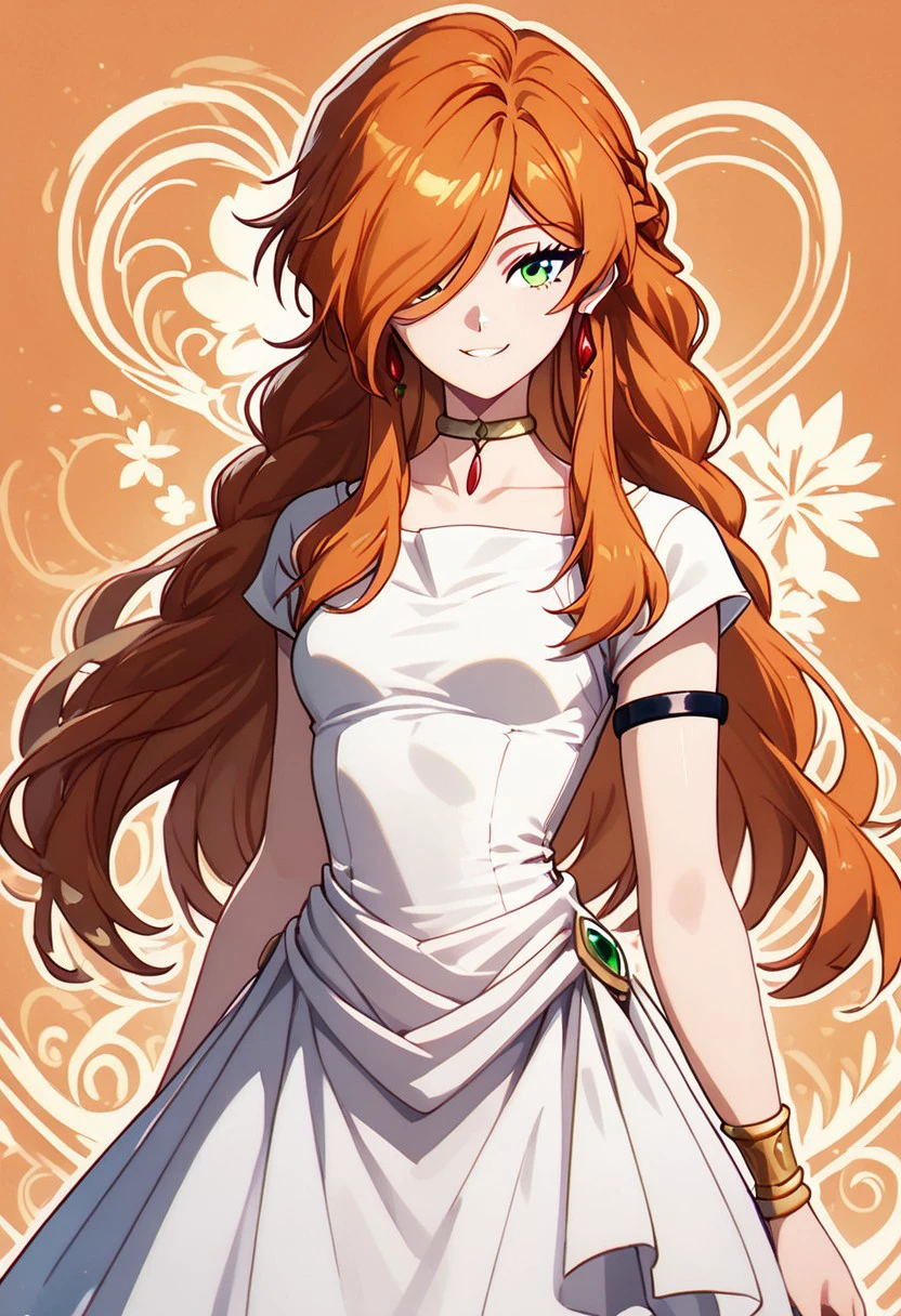 score_9, score_8_up, score_8, medium breasts, (curvy), cute, eyelashes,       BREAK, , 
,,,
zzFlamme, long hair, green eyes, orange hair, hair over one eye, earrings, braid, collarbone, armlet, white dress, short sleeves, bracelet, choker,
,,,
smile, looking at viewer, 
,,,
abstract background, white outline, cowboy shot, 
,,,
zPDXL, Expressiveh,