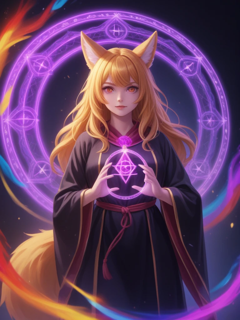 (Solo), anthro fox girl, black robe with golden details, sorcerer,
colorful, rainbow,
magic circle, summoning,