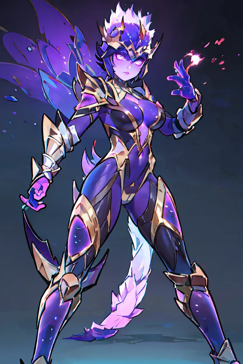 <lora:Amily_Cosmos_Astral_Walker_AoV_Model_LoRA:0.8>, Amily_CAW, 1girl, solo, purple hair, looking at viewer, purple eyes, glowing eyes, closed mouth, breasts, large breasts, armor, bodysuit, glowing, colored skin, purple skin, gloves, large hips, ((large hips, ass, big ass)), 40s, mature female, milf
, standing, upper body
 <lora:xinzoruo:1>, ((xinzoruo, chibi)), best quality, ultra high res, (photorealistic:1.4), masterpiece, real life skin, hyper real