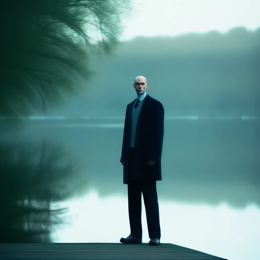 A tall man standing by a lake