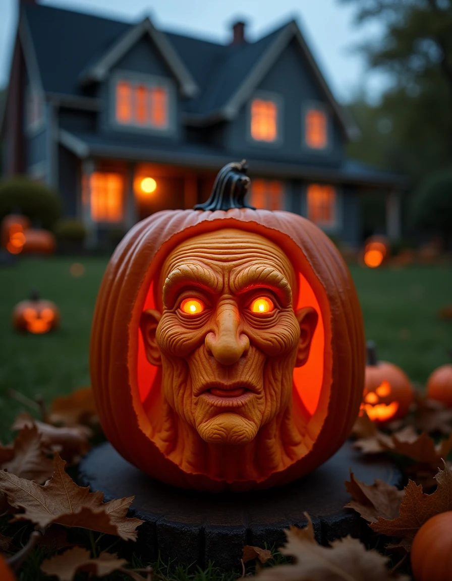 <lora:b4a-pumpkins:1> a b4a pumpkin carving with the 3d face of spooky old witch, background halloween garden infront of a house,