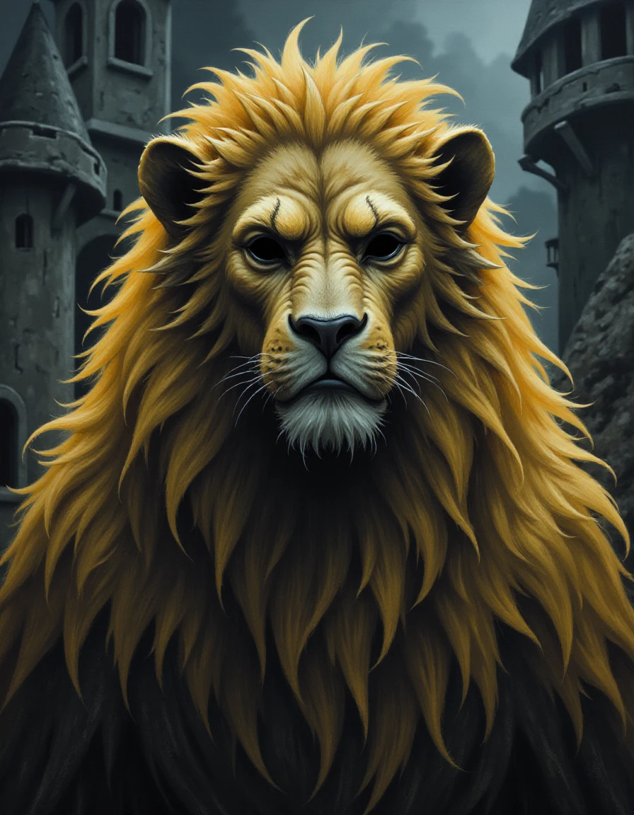 a cinematic portrait of a lion man with black hollow eyes,dressed as a beast shaman,we are outside of a castle which is built and decorated in the mixed style of Pixel Art  , soft lighting and rossdraws global illumination Glitch Effect , , fluid Brian Froud   <lora:Hollow_Eyes_Portrait_Flux_V2:1>