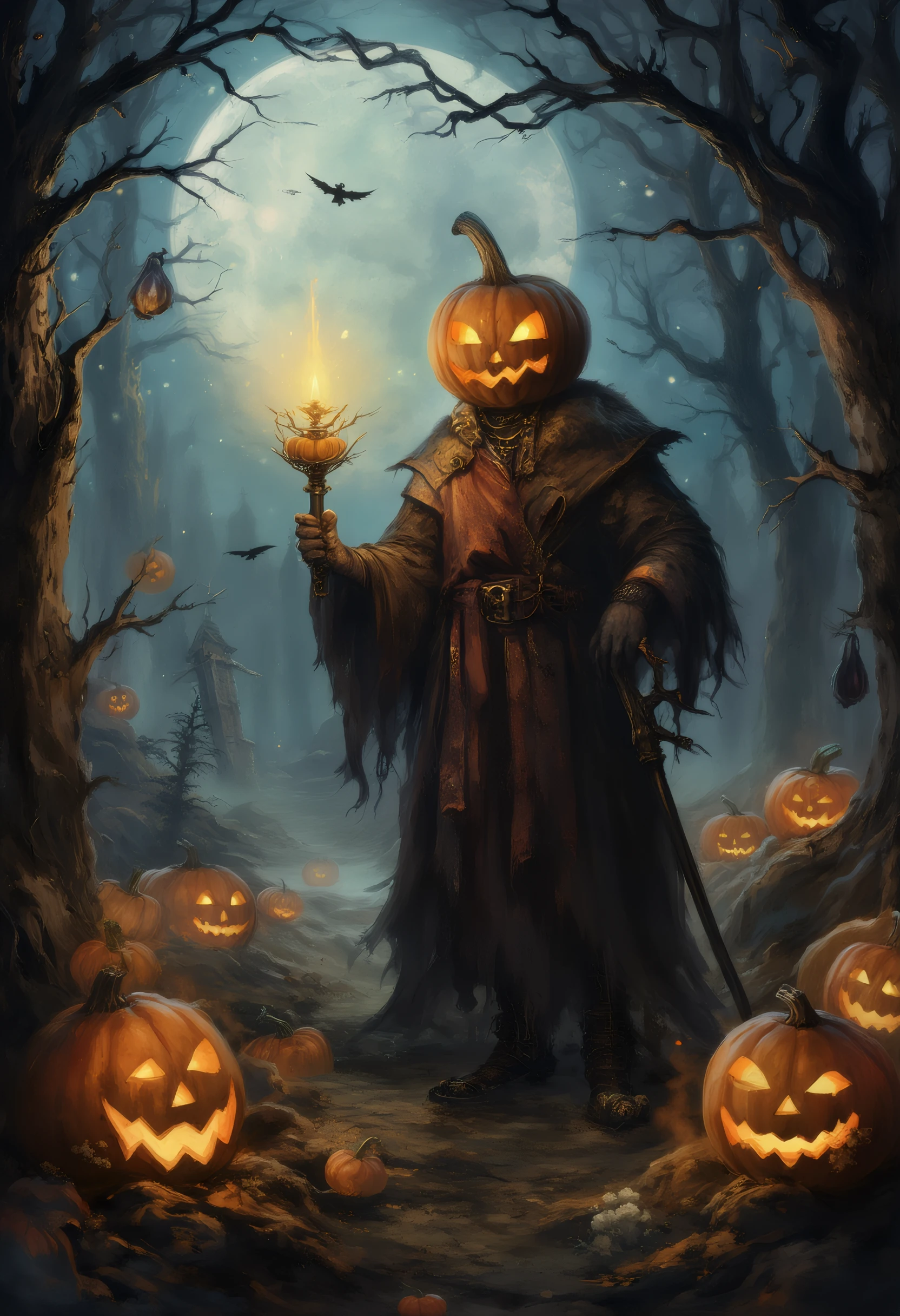 halloweenlandscape, an old sorcerer having a halloween pumpkin as head