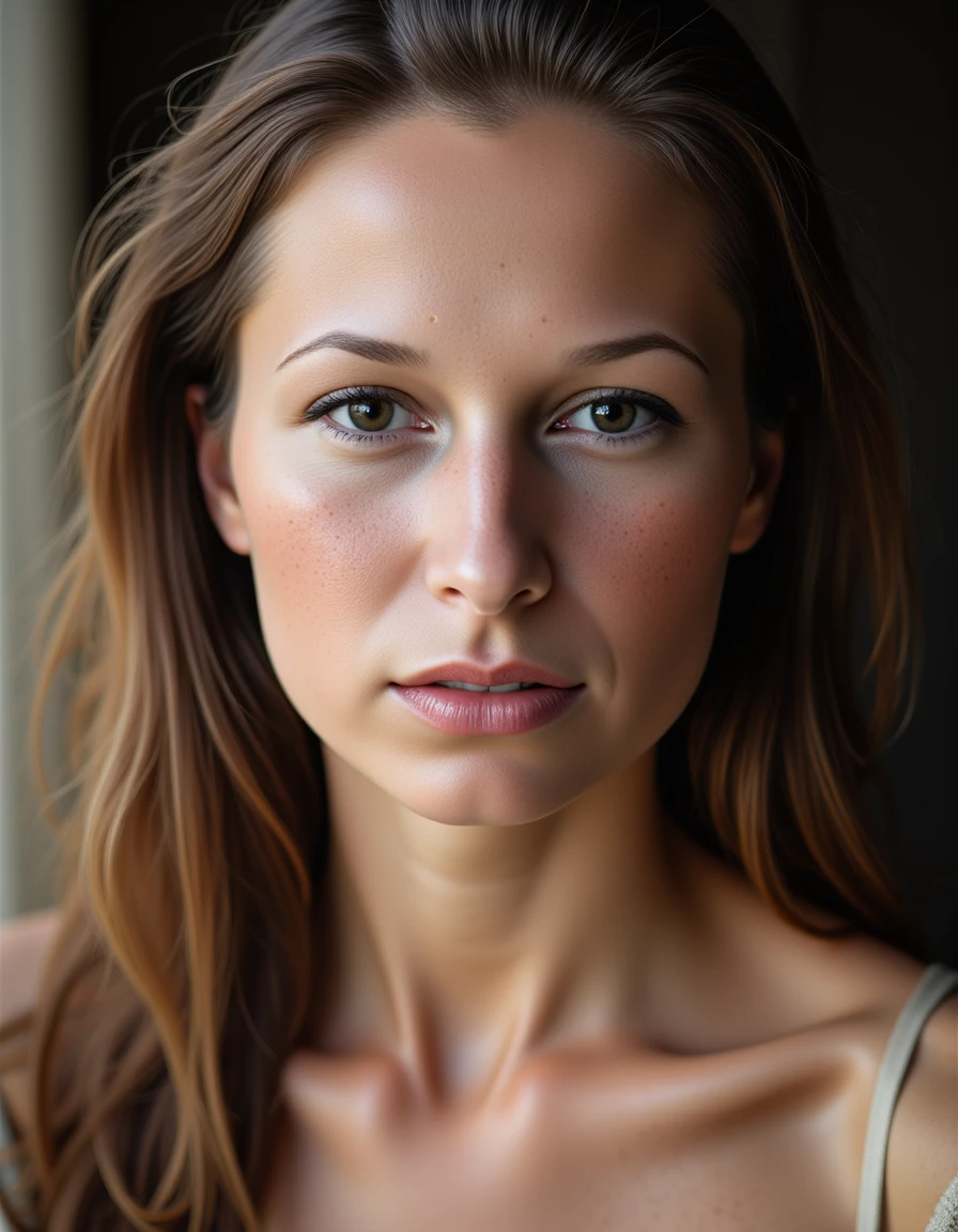 close up portrait photo of a beautiful woman, she has sleek long hair, her skin has a high detailed texture and shows details like moles, small hairs and pores and she is dressed in __OutfitHirstoric__. With a natural lighting. <lora:shantellora-000012:1.2>