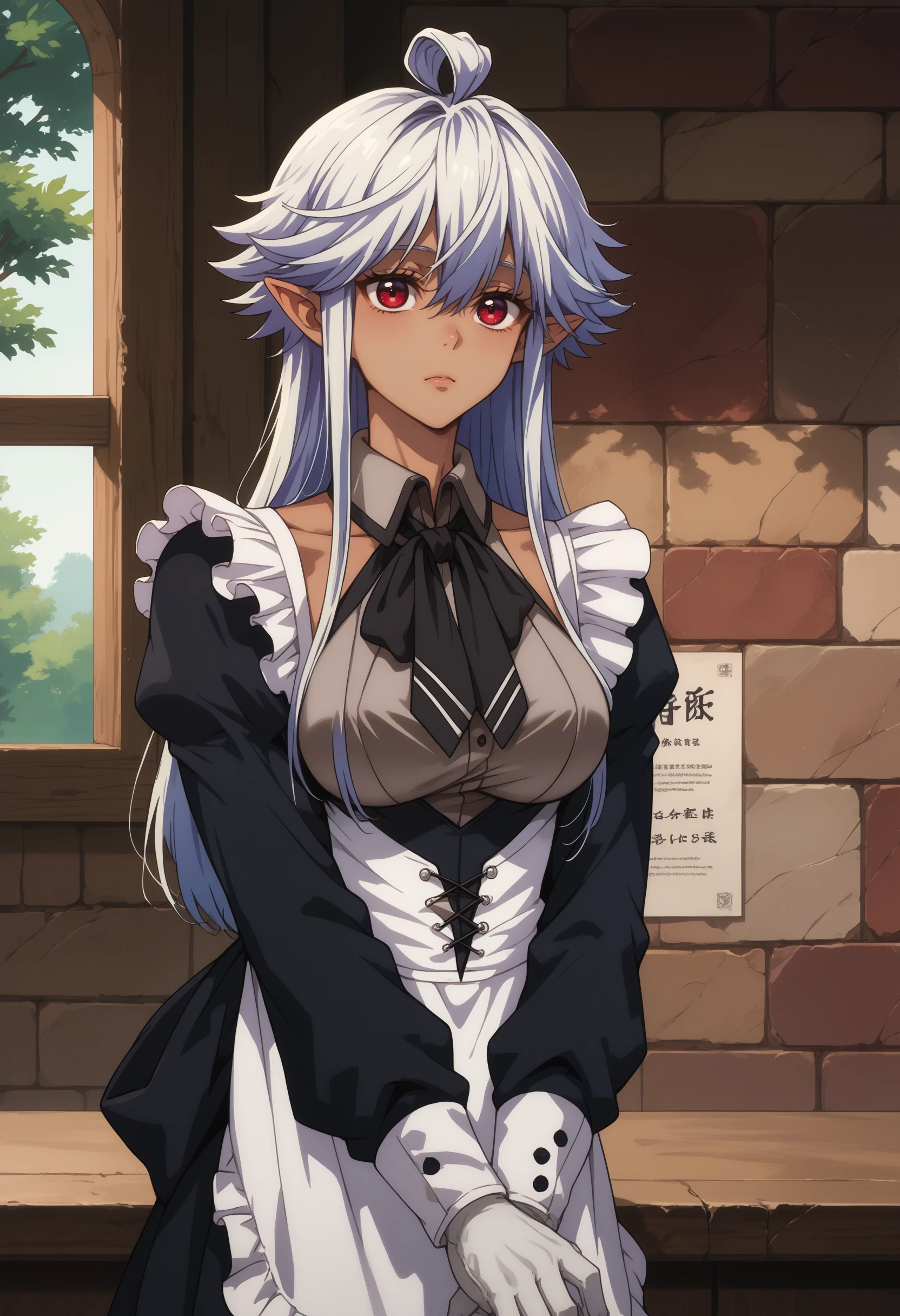 score_9, score_8_up, score_7_up, source_anime, <lora:wrenchShinmaiOjisanReanette:1>, soreanette, white hair, long hair, dark skin, red eyes, pointy ears, ahoge, sidelocks, large breasts, hair between eyes, collarbone, 
full-length portrait, maid, black dress, maid apron, white gloves, long sleeves, maid headdress, maid apron,