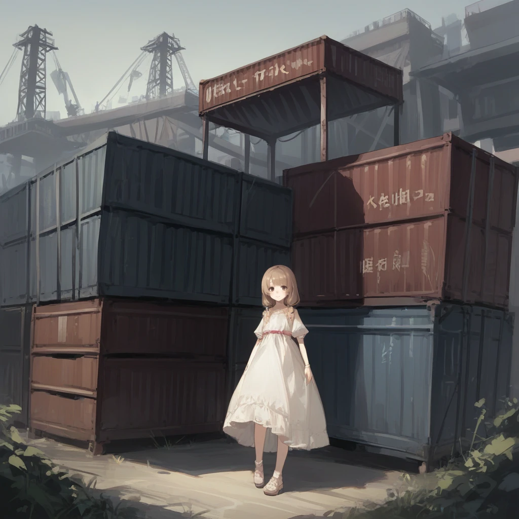 score_9, score_8_up, score_7_up, score_6_up, score_5_up, score_4_up, zPDXL2,source_anime,rating_questionable,solo, 1girl, looking at viewer,  <lora:Shipping_Containers:0.8> sh1pcont4in, outdoors, shipping containers