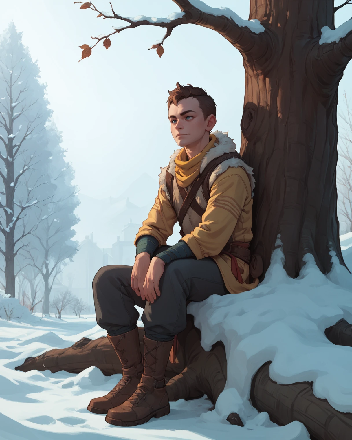 score_9, score_8_up, score_7_up, score_6_up, score_5_up, score_4_up,   <lora:Atreus_God_Of_War_Pony:0.6> atreus, 1boy, brown hair, sitting against a tree, winter