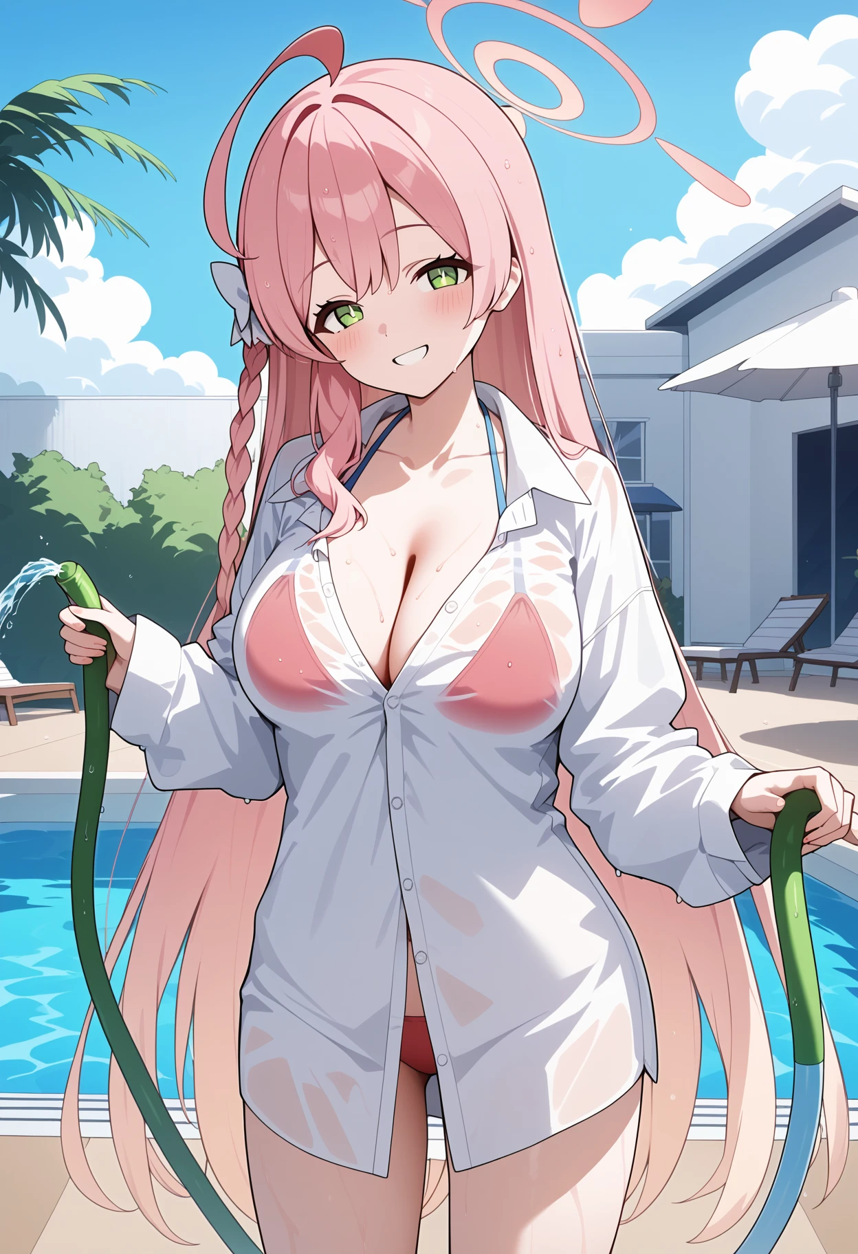 score_9, score_8_up, score_7_up, score_6_up, score_5_up, score_4_up, source_anime, aahanako, pink hair, halo, ahoge, single braid, hair bow, green eyes, large breasts, collarbone, collared shirt, white shirt, wet shirt, long sleeves, bare legs, <lora:hanako_(blue_archive)_ponyxl_v1:0.9>, standing, cowboy shot, outdoors, poolside, indoors, holding hose, smile,