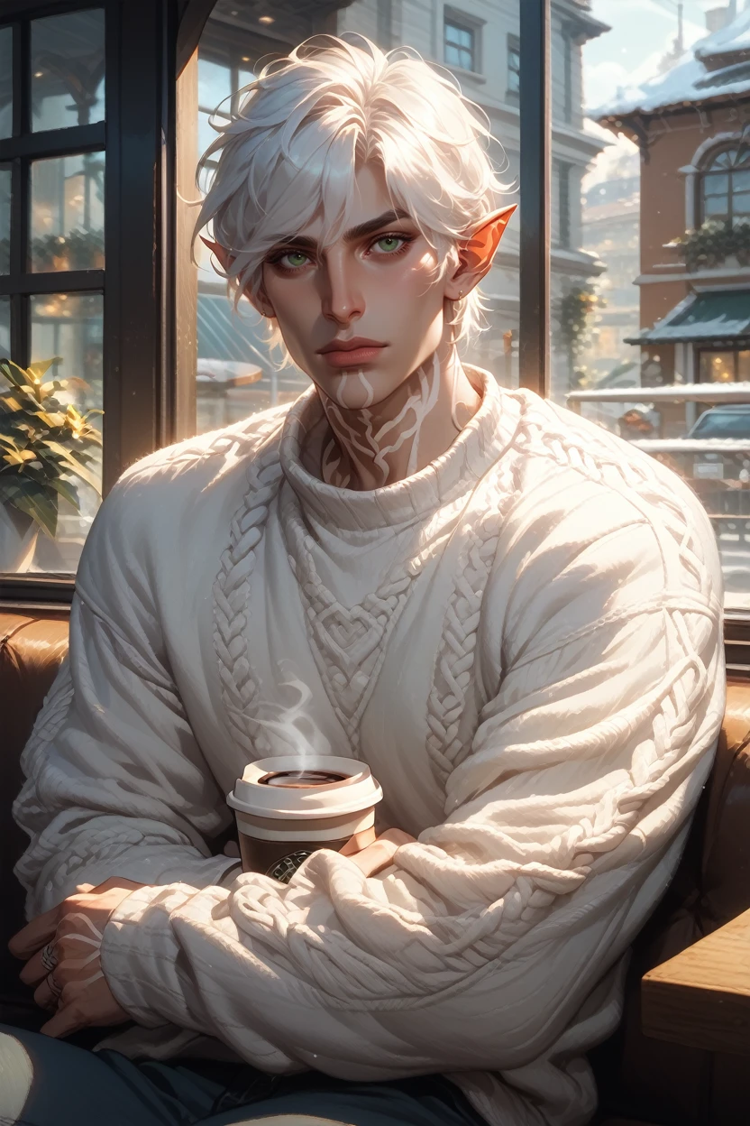 score_9, score_8_up, score_7_up,
<lora:DA2Fenris:0.8>
DA2Fenris, 1boy, white hair, green eyes, white tattoo, pointy ears, looking at viewer, sitting in a modern café, wearing a cozy sweater, sipping coffee, large windows with natural light streaming in, urban and relaxed vibe