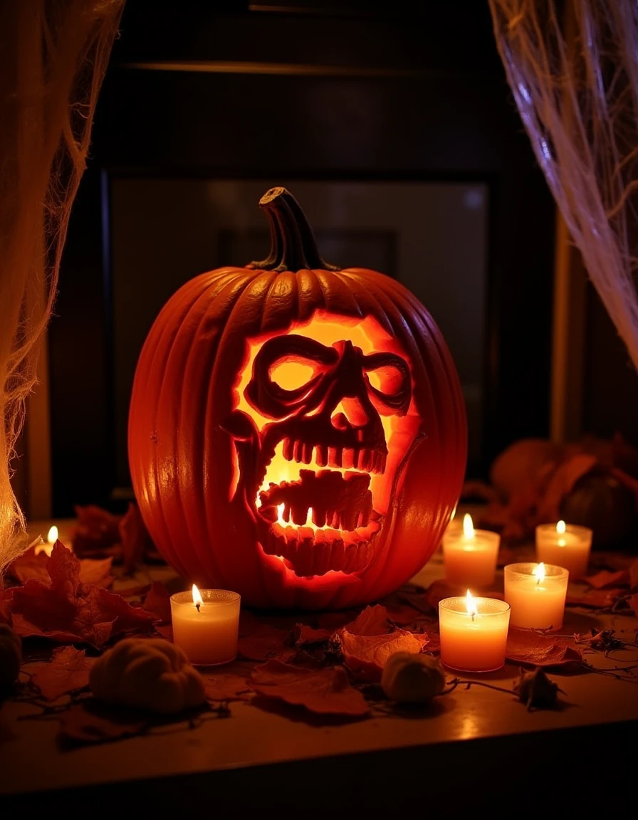 <lora:b4a-pumpkins:1> a b4a pumpkin carving with the 3d carved face of a zombie, background Halloween house entrance a night, autumn leafs, burning candles around, <lora:b4a-spider-webs:1> spider webs decoration