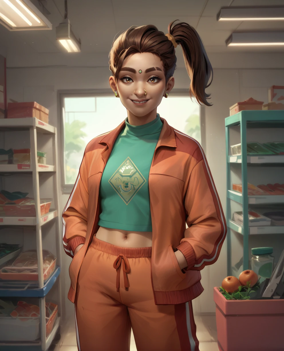 score_9,score_8_up,score_7_up,
Rampartxl,side ponytail,brown hair,forehead mark,nose ring,earrings,
orange track pants, orange jacket, green shirt,navel,
solo,looking at viewer,smile,
tool shop,indoors,<lora:RampartXL:0.9>,