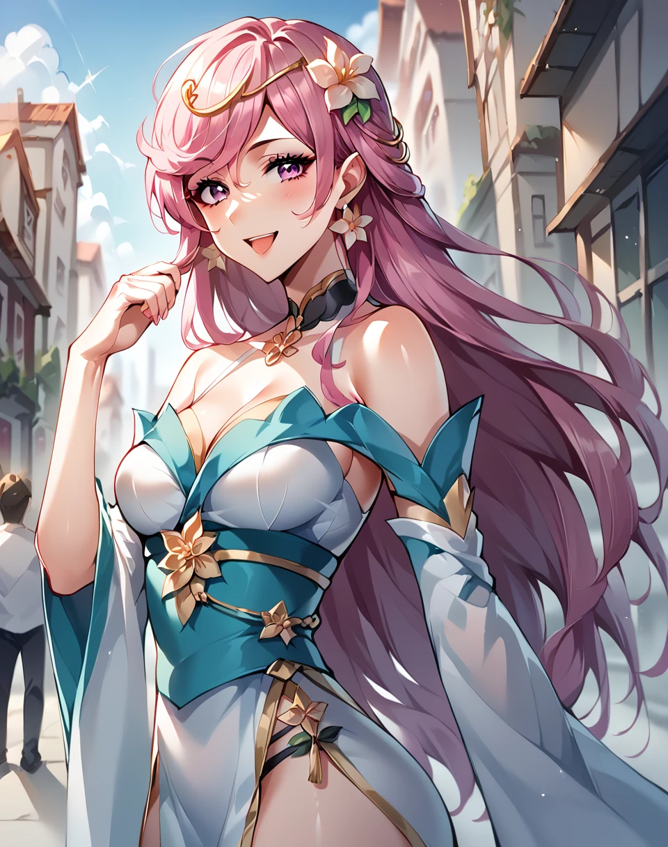 ning_rongrong_manhua, pink hair, long hair, pink eyes, adult, hair flower, hair ornament, bare shoulders, bangs, detached sleeves, , breasts, traditional dress BREAK outdoors, city street, BREAK looking at viewer, sexy face, sexy smile, open mouth, cowboy shot,  BREAK score_9, score_8_up, score_7_up, source_anime ,zPDXL, perfect hand,   <lora:ning_rongrong:0.8>