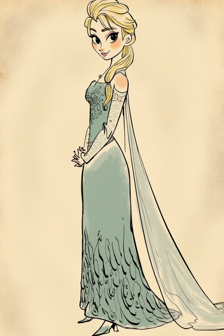 Elsa from Frozen, ink on yellowed paper