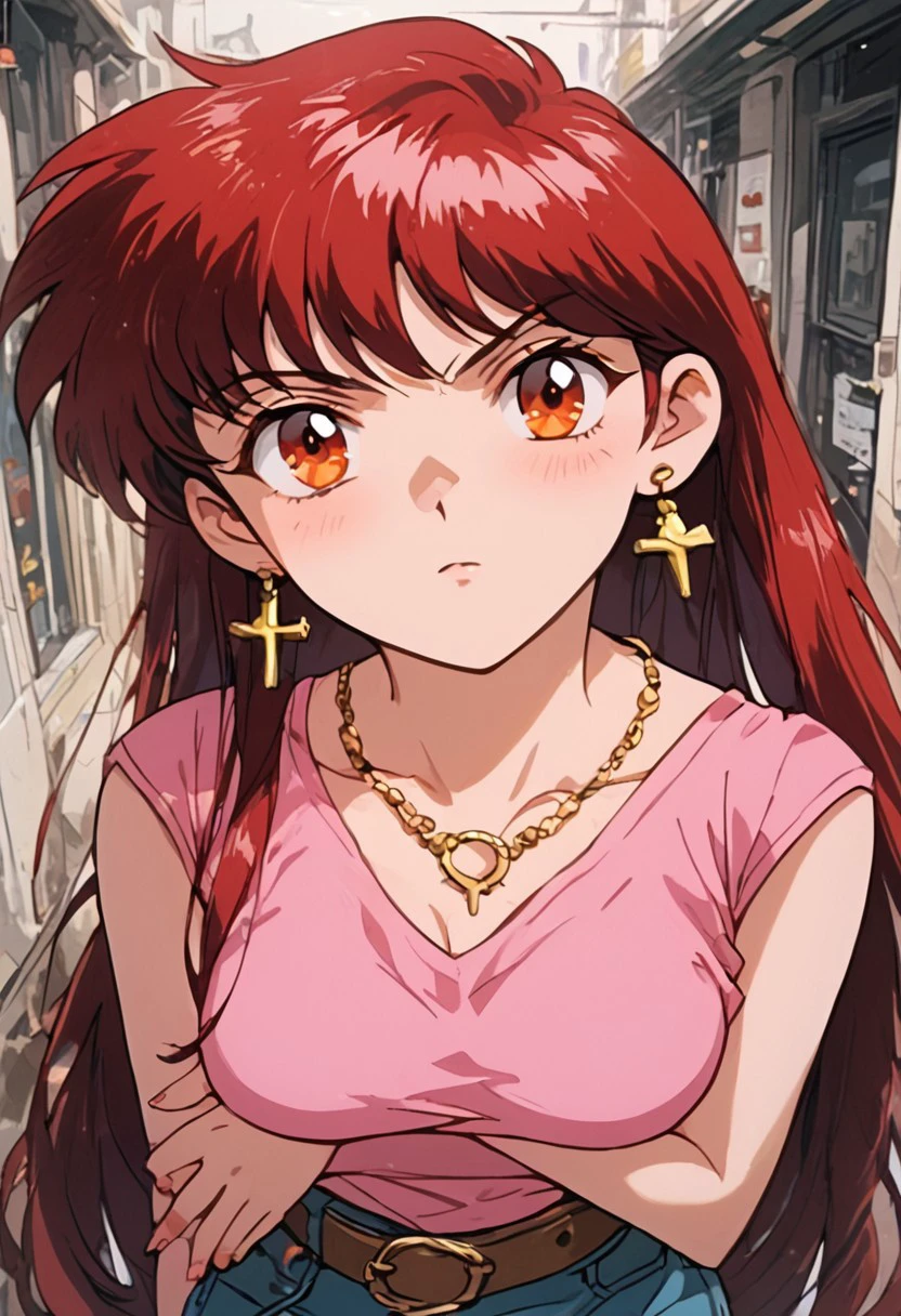 1990s (style), 1990s \(style\), source_anime, official style, PonyXLV6_Scores, masterpiece, ultra detailed, best quality, beautiful face, perfect anatomy, anatomically correct, detailed eyes, <lora:xl_more_art-full_v1:0.7>, <lora:Detailed_anime_style:0.4>, <lora:LCM&TurboMix:1.0>, <lora:Expressiveh:0.5>, Expressiveh, 5 fingers, perfect hands, perfect feet, BREAK 1girl, full_body, DollMica, red hair, long hair, orange eyes, slim sexy body, medium breasts, standing, looking at viewer, annoyed, (OutfitCasual, cyan dungaree skirt, brown belt, pink crop top, ), cowboy shot, crossed arms, BREAK (cinema,),