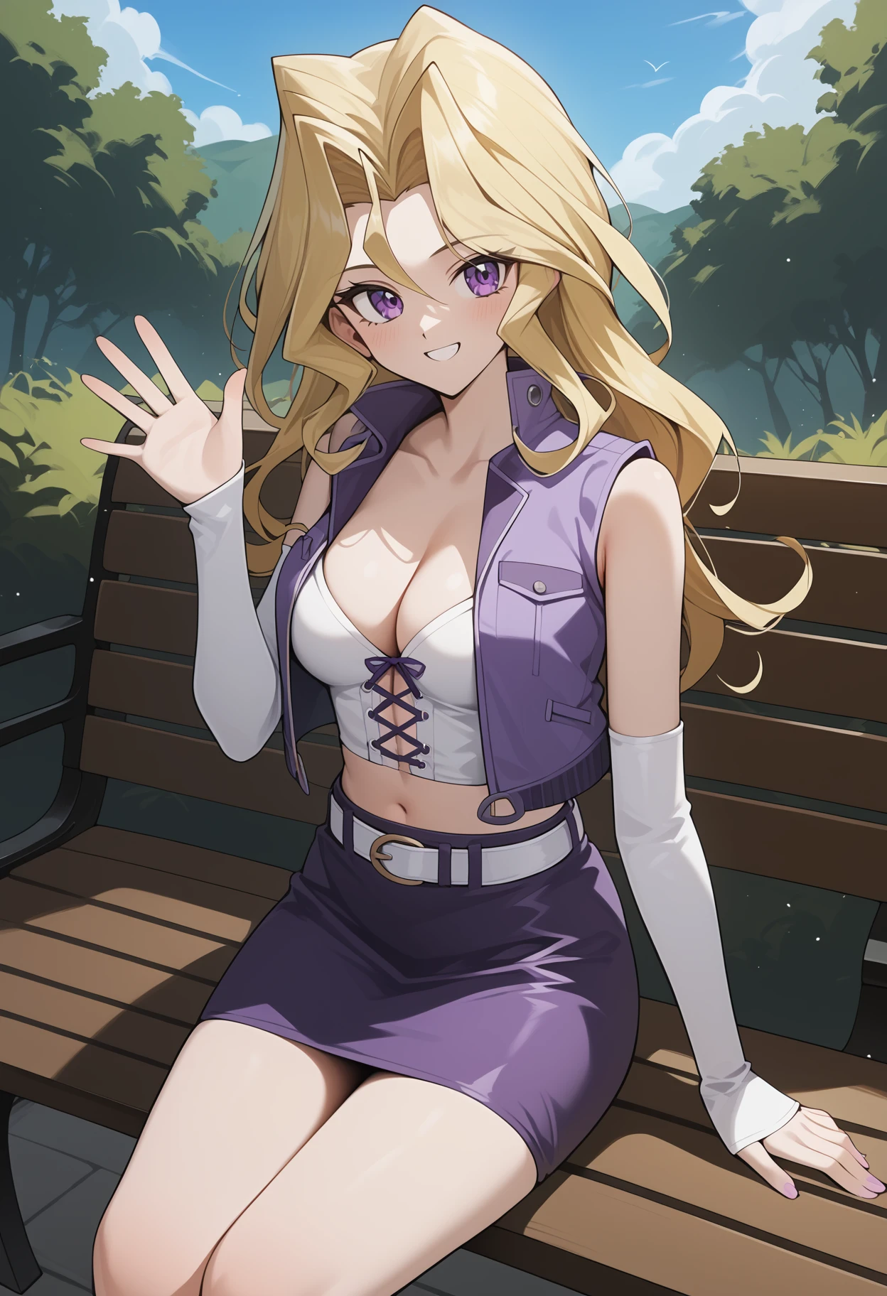 score_9, score_8_up, score_7_up, score_6_up, score_5_up, score_4_up, source_anime, aamai, long hair, blonde hair, purple eyes, breasts, cleavage, crop top, white shirt, cross-laced clothes. cropped jacket, purple jacket, open jacket, sleeveless, detached sleeves, white sleeves, midriff, white belt, miniskirt, purple skirt, thighs,<lora:kujaku_mai_ponyxl_v1:0.9>, sitting, bench, outdoors, smile, waving,