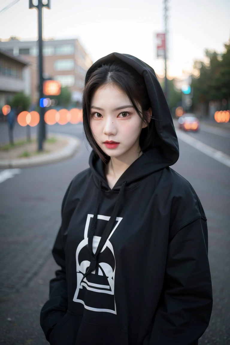 upper body photo of staycisa in black hoodie, makeup, streets, day, hard shadows, (photorealistic:2.0), <lora:staycisa-v3:1>