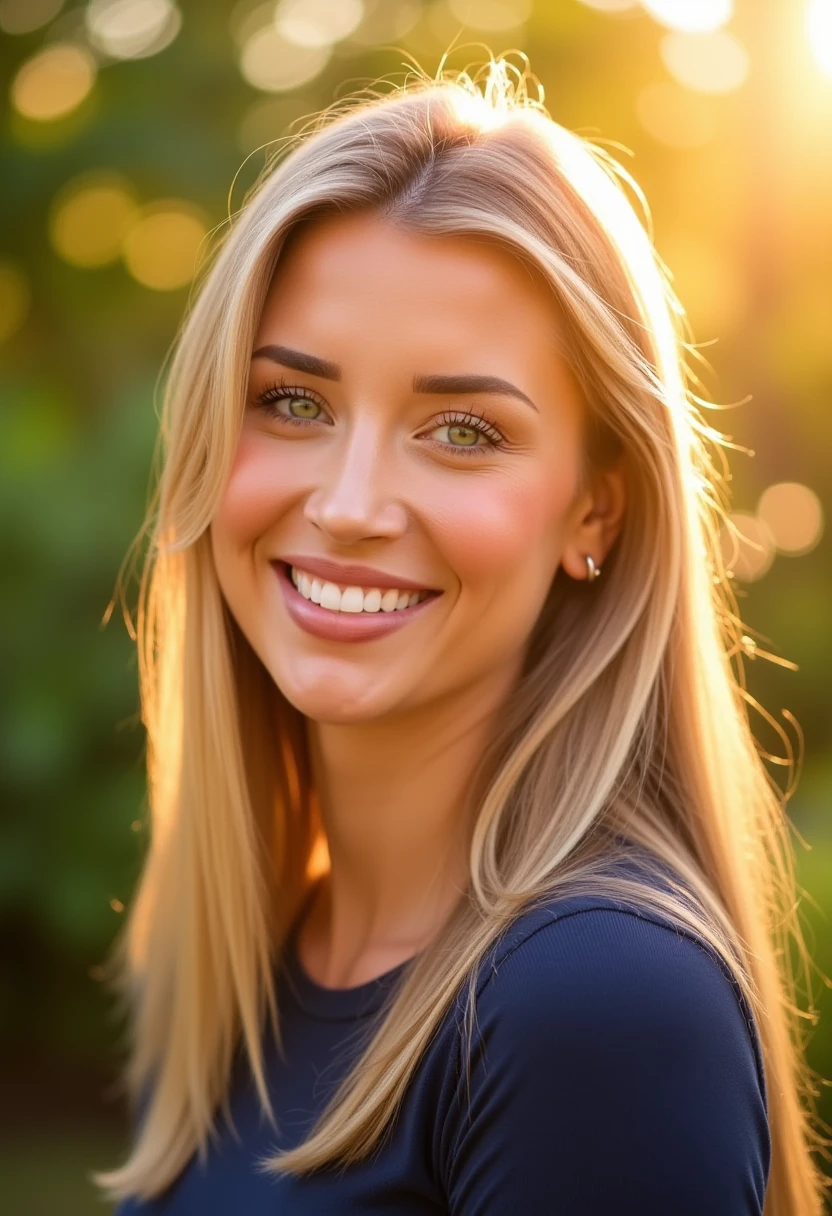 This is a high-resolution photograph of a smiling woman taken outdoors during golden hour, likely in the late afternoon or early evening. The woman has long, straight, blonde hair that cascades past her shoulders, framing her face. She has fair skin with a light blush on her cheeks and a natural, warm smile that reveals her teeth. Her eyes are a striking green, accentuated by subtle makeup, including eyeliner and mascara. She is wearing a dark blue top that is visible from the neck up. The background is a lush, sunlit garden, with blurred greenery and bokeh lights from the sun, creating a soft, warm glow that bathes the scene in golden hues. The sunlight is positioned slightly to the right of the image, casting a warm, golden light over the woman's face and the background. The overall mood of the photograph is serene and cheerful, capturing a moment of relaxation and contentment. The texture of the photograph is smooth, with sharp details in the subject's face and a soft, dreamy effect in the background. The image is a close-up shot, focusing primarily on the woman's face and upper body, with the blurred background adding depth and a sense of natural beauty. M1K4YL4