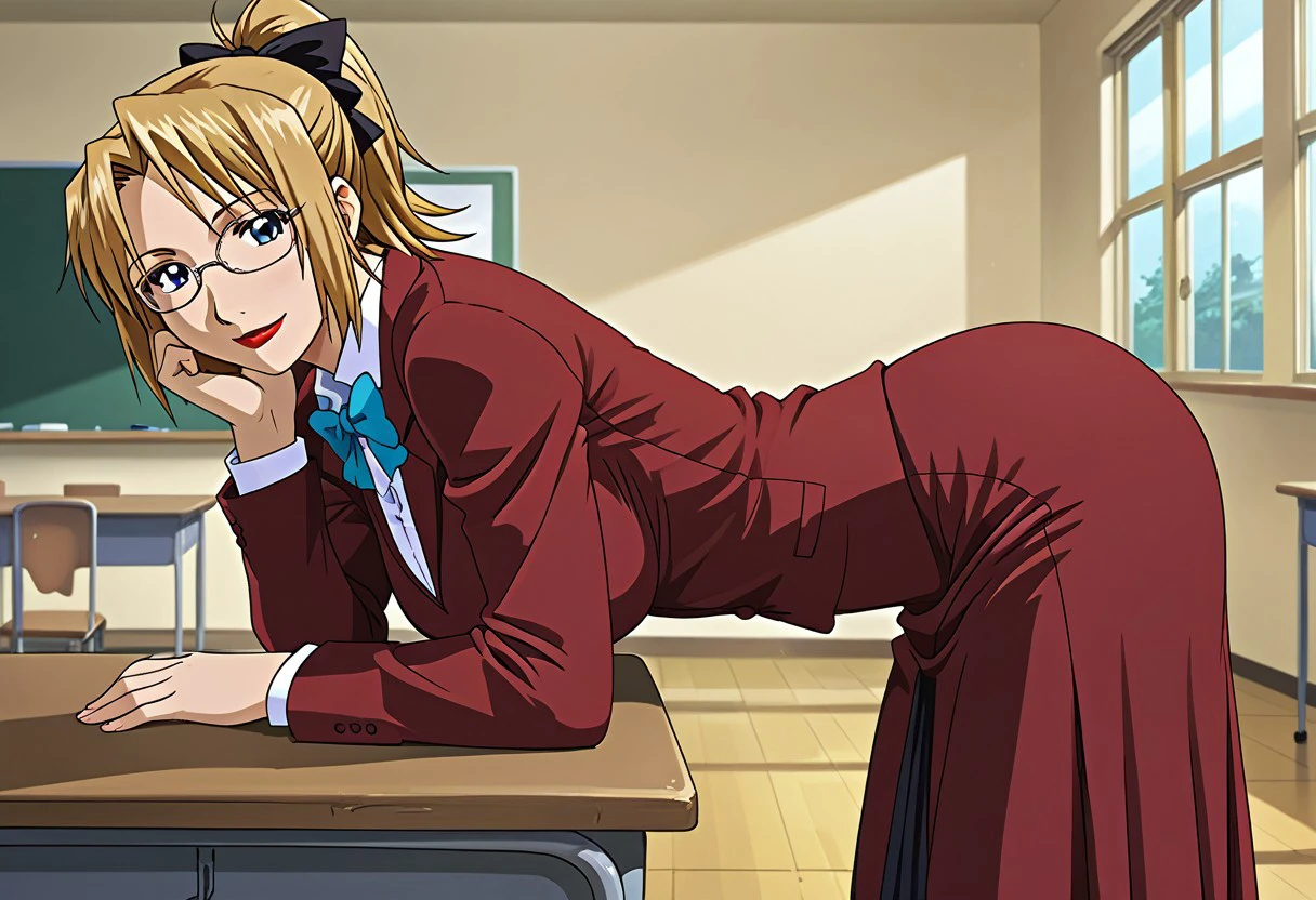 long skirt, glasses, formal, suit, ponytail, bow, bowtie, on desk, all fours, smile, looking at viewer, perpendicular side view, female focus, classroom, class room, pclarasiren, short hair, blonde hair, blue eyes, lipstick, makeup, large breasts, red lips