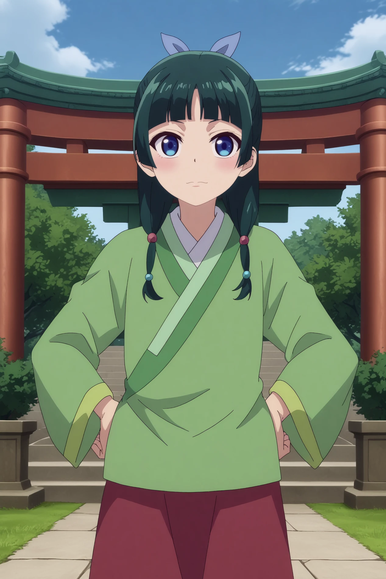  maomao,1girl,solo,japanese clothes,long hair,looking at viewer,bangs,kimono,hair ornament,blunt bangs,twintails,smile BREAK outdoors,old japon city,torii,under torii,sakura flowers,Japanese architecture,japanese temple,consistent background   Standing with hands on hips,  <lora:MaoMao.safetensors:0.8>